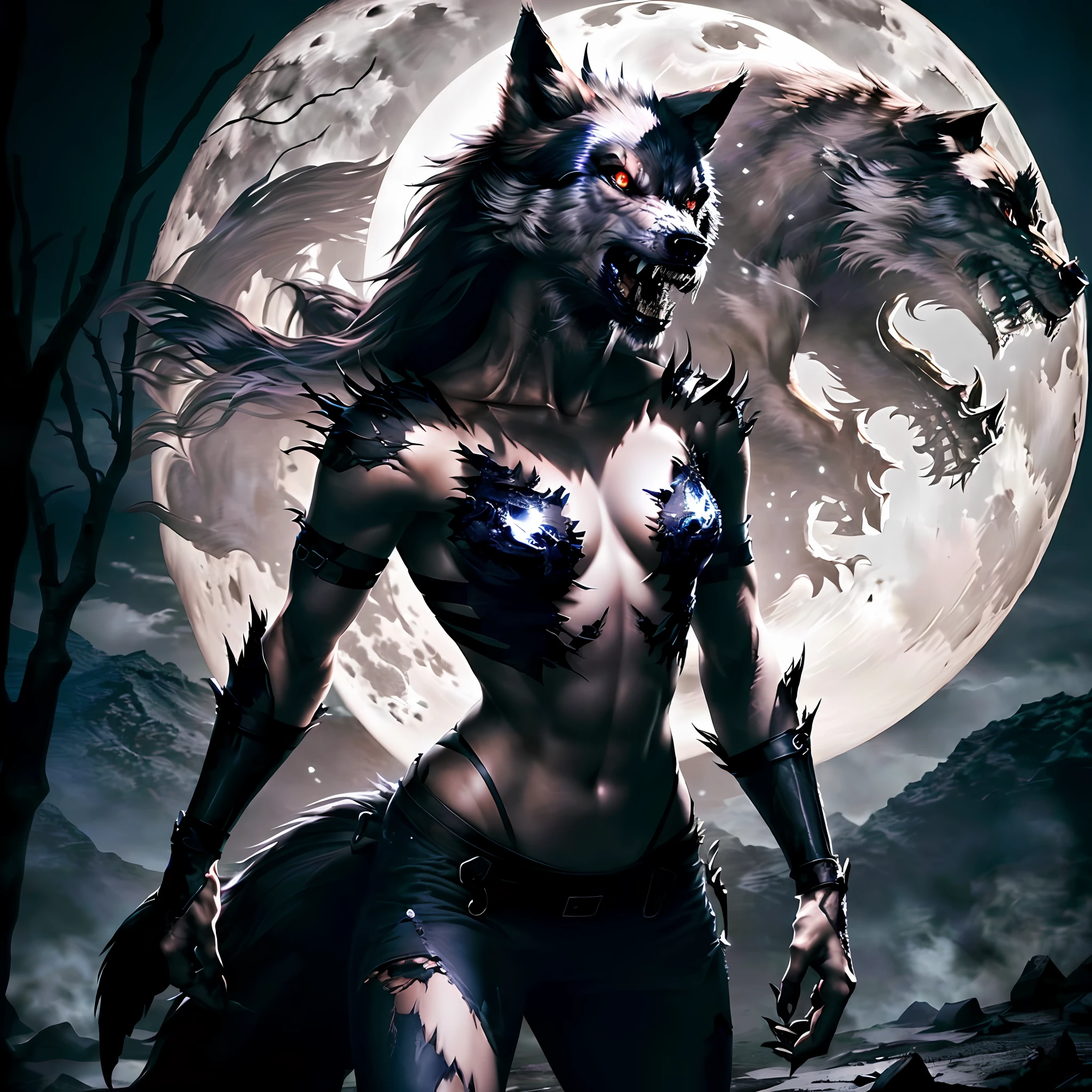Wolf face, (full moon), woman transformation into (werewolf), torn skin, wolf face, screams, horror, highly detailed digital art, art station, amazing detail (cinematic lighting), drama, darkness, clear focus, very dark lighting, heavy shadows, detailed face (semi-realistic: 1.6), dynamic camera angle (horror), (dark fantasy), split t-bleeding (better lighting), (ultra-complex parts)), (overdetail)), (overdetail)),, Skimpy torn clothes in Ultra-HD format