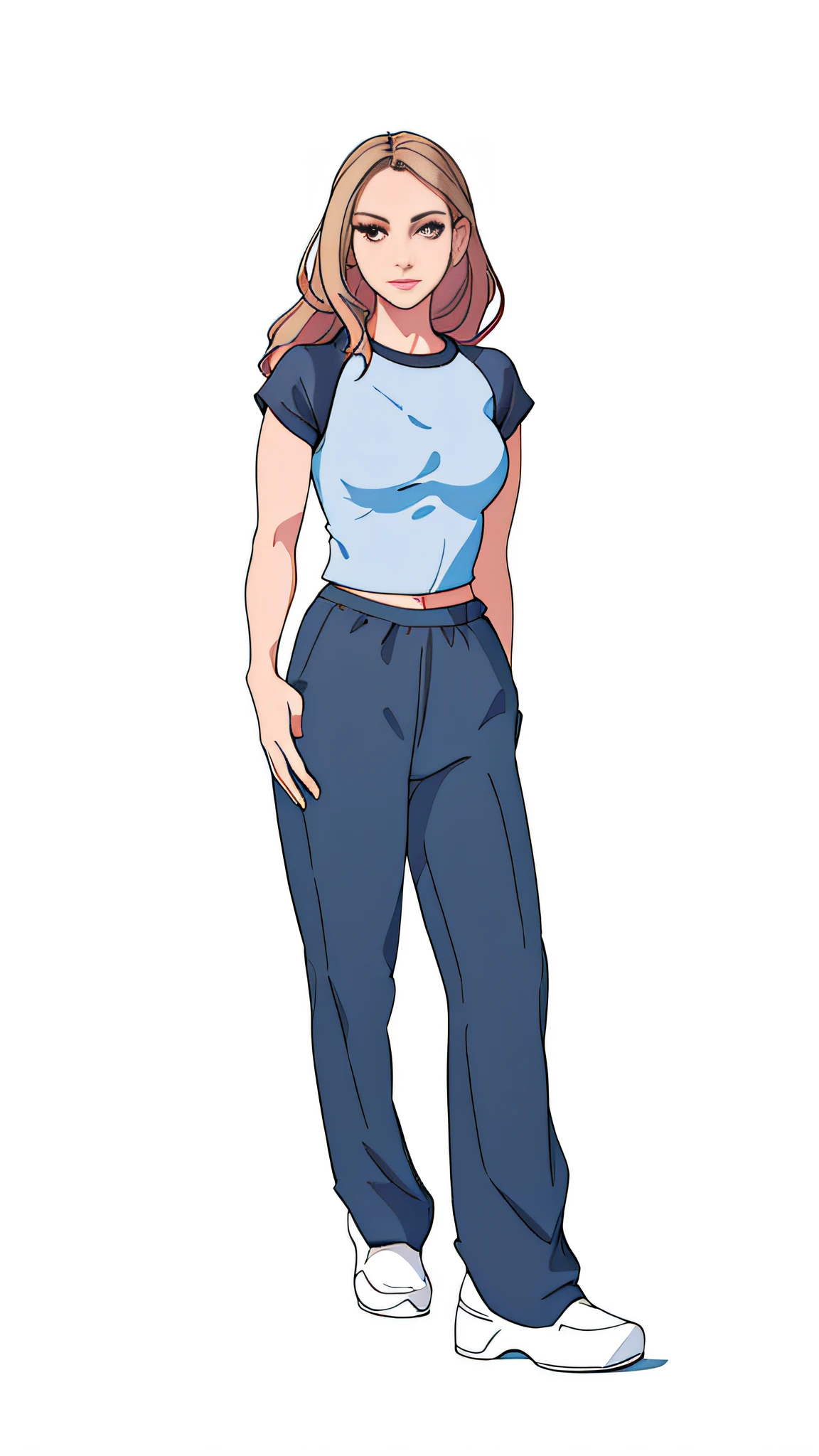 A painting of a woman in crop top and pants, full body illustration, full body portrait, casual pose, digital color, full body picture, full body portrait, female full body, full body character portrait, character full body portrait, full body portrait of shorts, standing painted shadow, highlights, top quality, HD, detail, asian portrait