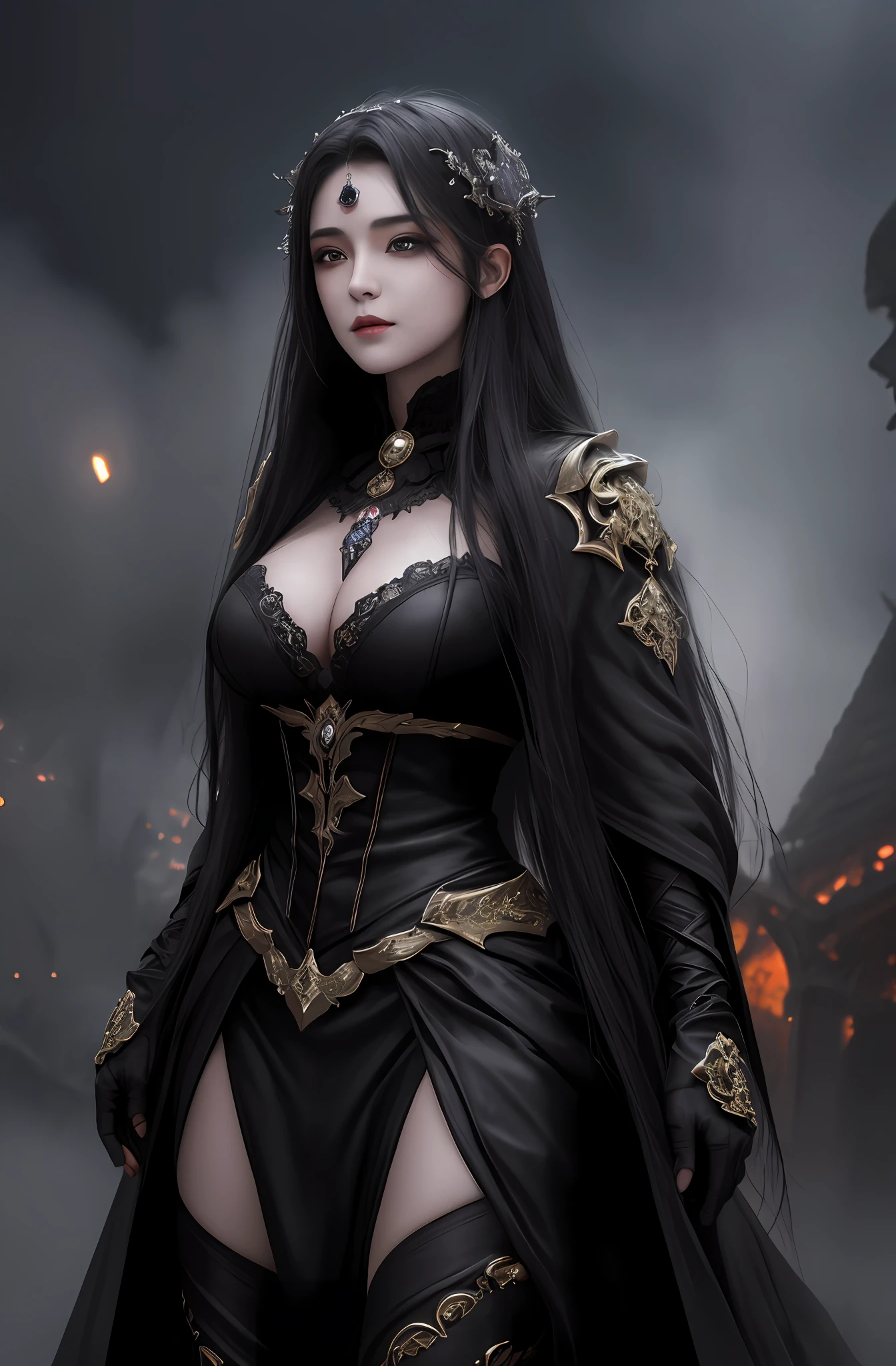 (16k, masterpiece, best quality), ultra-detailed, detailed beautiful round eyes, beautifully detailed face, high quality, high resolution, a female necromancer appeared from the fog with an army of undead, in the darkness of the night, goddess of darkness, undead army, straight hair, evil, an evil face, undead background, big breast, mature women, dynamic pose, looking into the distance