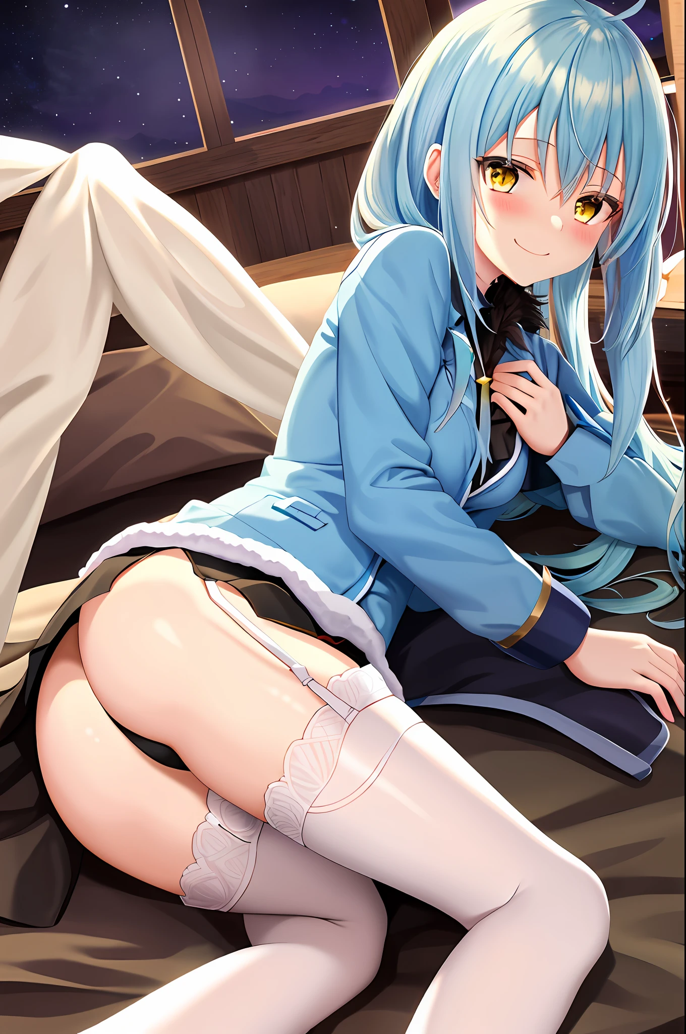 bedroom, (rimuru tempest), 1 girl, rimuru girl, skirt, medium breast, smile face, hand on chest, 1girl, night dress, garter, lying, breast out, blush ceek,