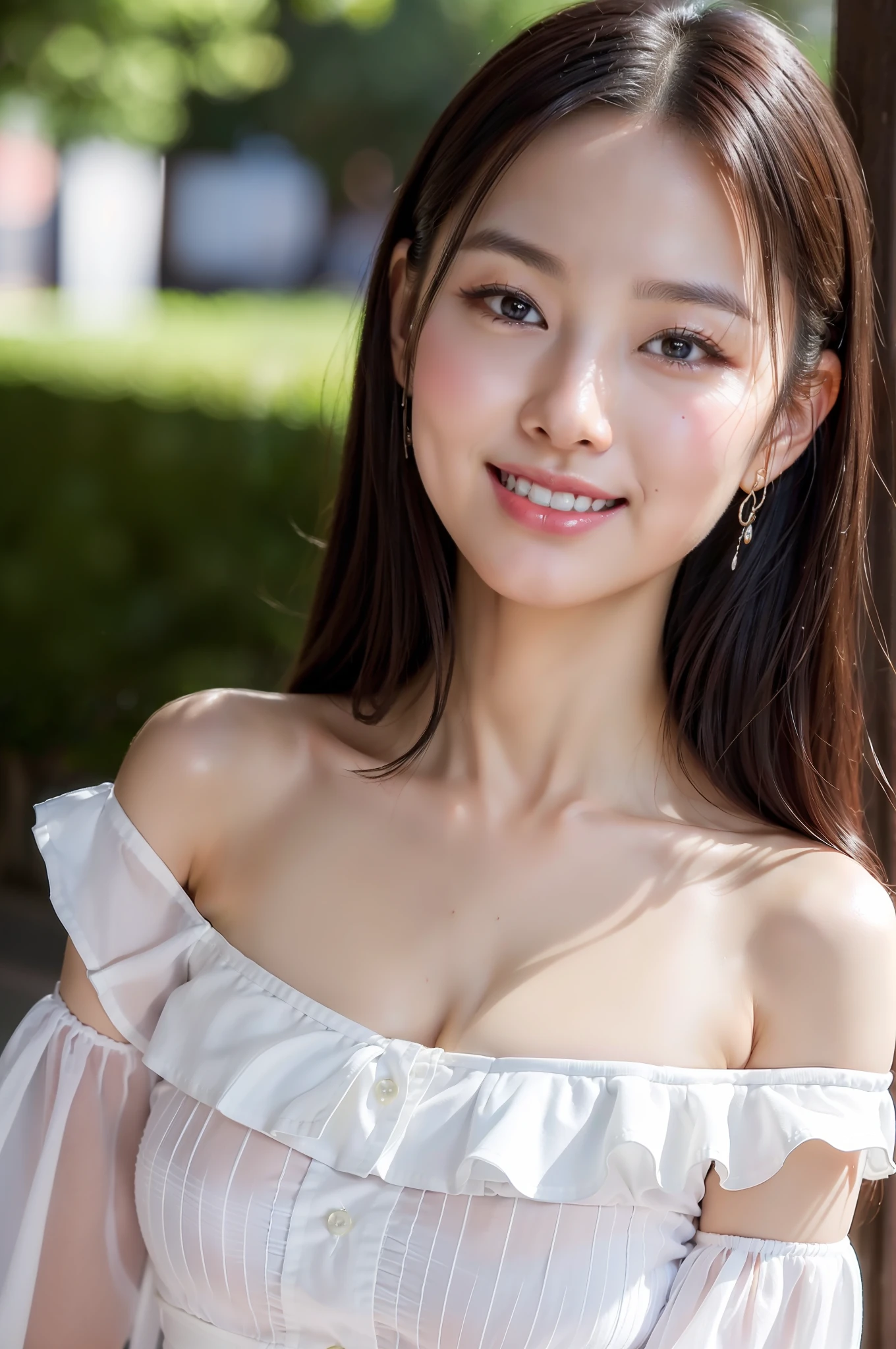 ((top quality, 8k, masterpiece: 1.3)), sharp focus: 1.2,1 Cute Japan Woman Pictures: 1.4, black hair, medium breasts, wearing a white blouse, extremely detailed eyes and face, sharp pupils, realistic pupils, sharp focus, cinematic lighting, off-shoulder, happy smiling