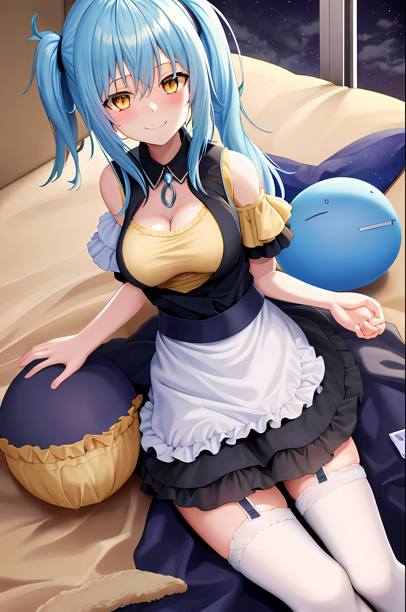 bedroom, (rimuru tempest), 1 girl, rimuru girl, skirt, medium breast, smile face, hand on chest, 1girl, night dress, garter, lying, breast out, blush ceek,