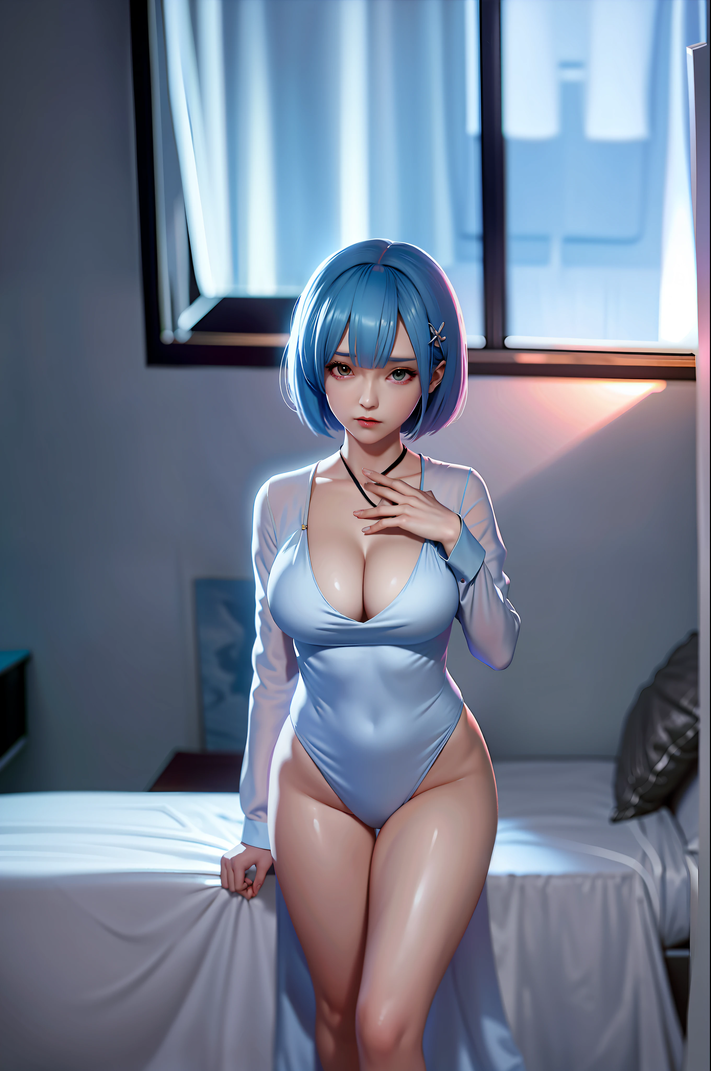 Rem character from the anime Re:Zero, perfect roto, perfect body, wearing pajamas, transparent pajamas, cleavage, breasts almost bouncing out, cinematic lighting, 8k, high quality picture