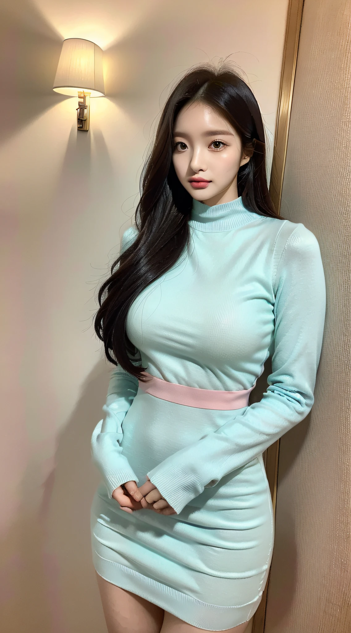 Korean women, goddess, perfect figure, long hair, delicate skin texture and cloth texture, fine eyes, long eyelashes, double eyelids, upper body, hotel, 8k, highest image quality, masterpiece, super high resolution: 1.2, beautiful female photo with theme of girly elegant style, alafi in dress, crewneck dress, (zettai ryouiki), preppy style dress, cashmere fabric, preppy style, femininization in cute pastel tones, femininization in pastel tones, Wearing smooth dresses, pastel tones, pastel colors, light clothing, feminine tones, pastel clothing, Korean female fashion models, pastel style, multi-layered clothing, wearing elegant clothing, soft and cute colors