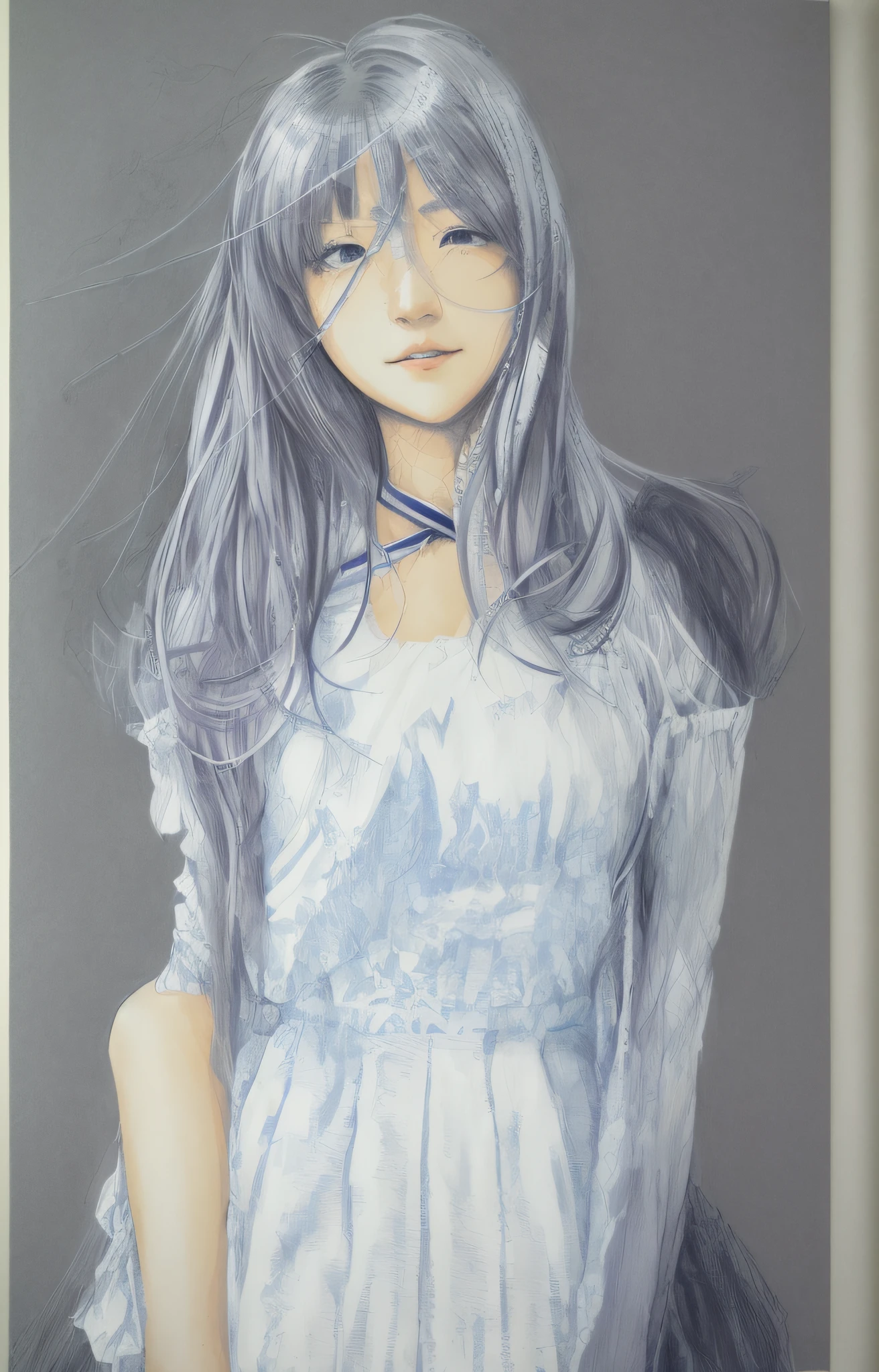 arafed drawing of a girl with long hair and a dress, ink and ballpoint, drawn in ballpoint pen, ballpoint pen art, ballpoint, by Ayami Kojima, inspired by Miwa Komatsu, by Yasutomo Oka, pencil and ink manga drawing, detailed portrait of anime girl, by Iwao Takamoto, by Yuki Ogura