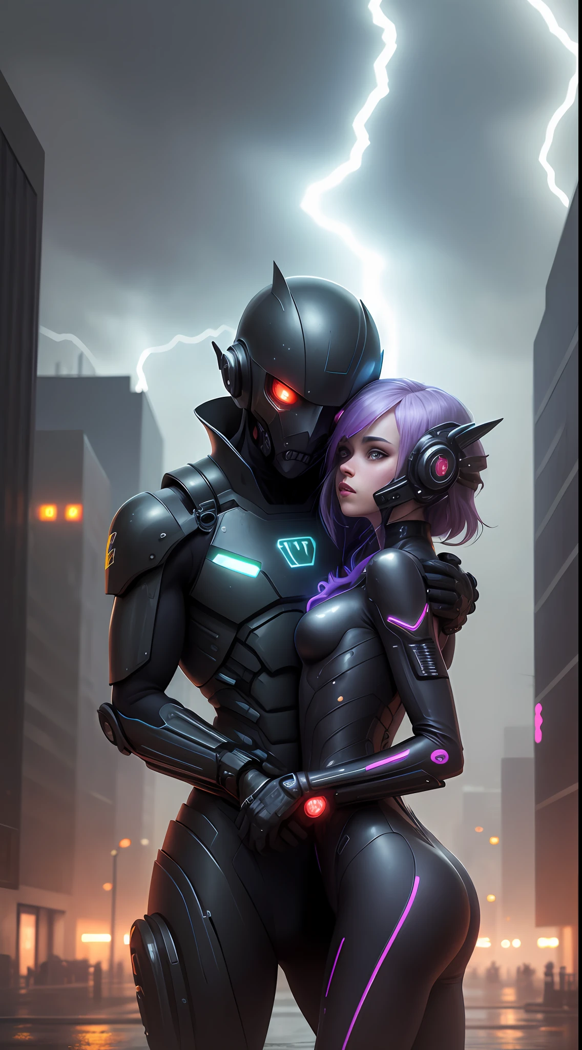 Gloomy alien cityscape, acid rain, lightning flashes, gusts of wind, 4k quality, super detail, girl and man cyborgs hugging, unusual color combination, fantasy art, science fiction art, love, friendship, hugs