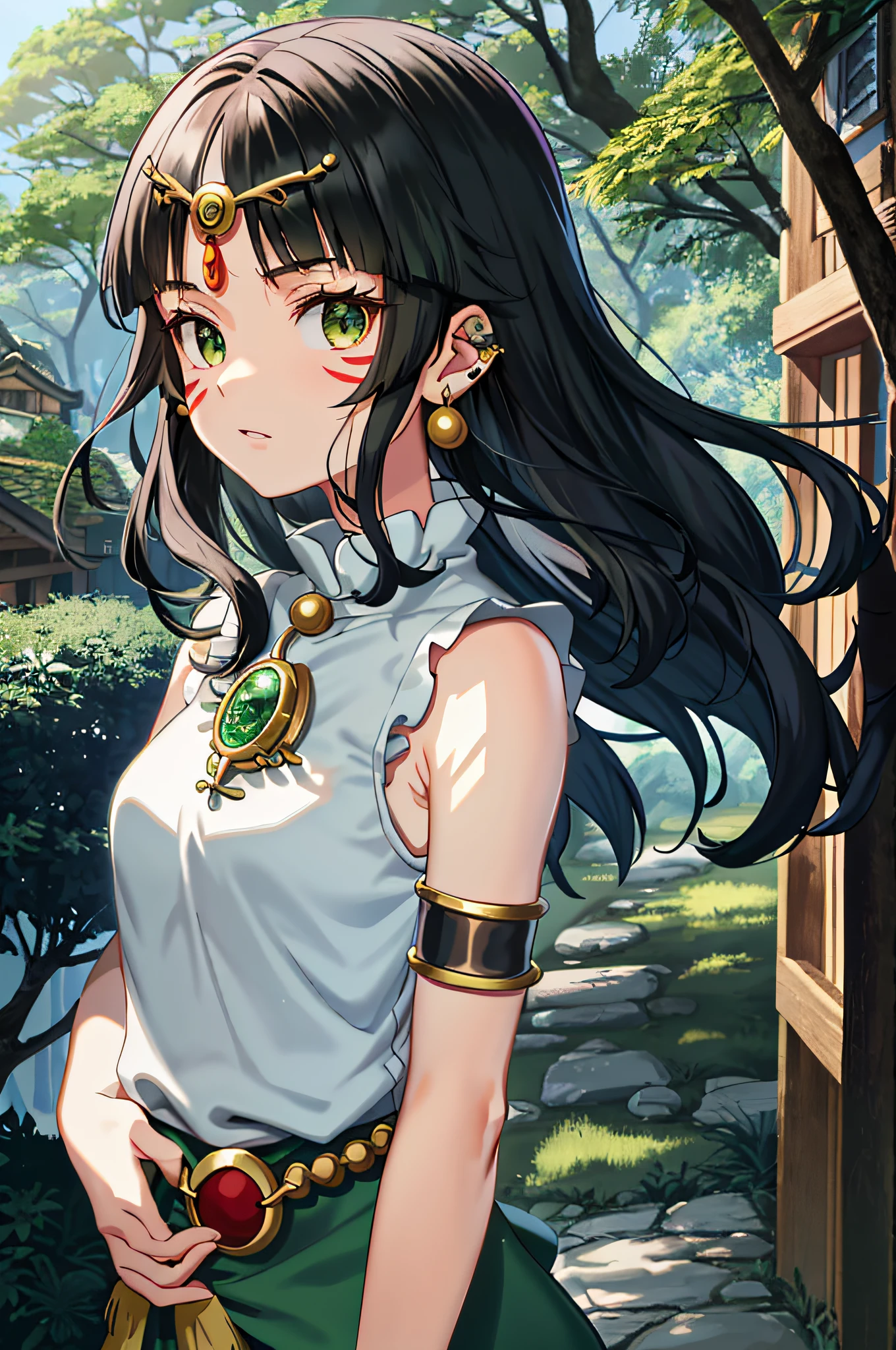 ghibli style, san \(mononoke hime\),
1girl, armlet, bangs, black hair, black undershirt, breasts, cape, circlet, earrings, facepaint, floating hair, forest, fur cape, green eyes, jewelry, looking at viewer, medium breasts, nature, necklace, outdoors, parted bangs, shirt, short hair, sleeveless, sleeveless shirt, solo, tooth necklace, tree, upper body, white shirt
, ((masterpiece))