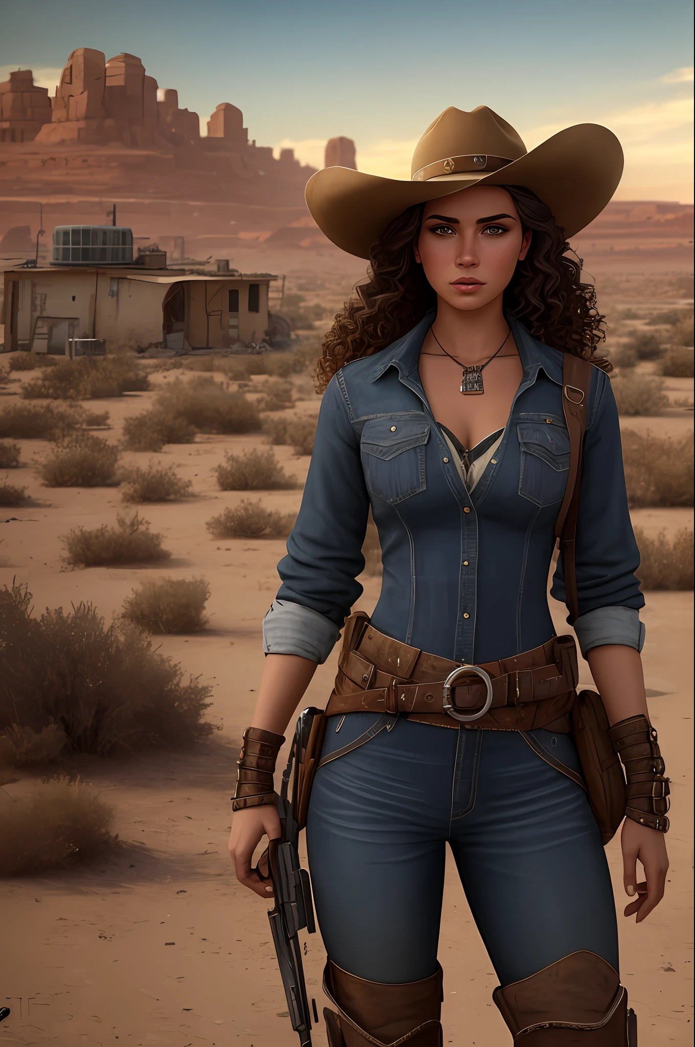 Create a cinematic and filmic image ((best quality)), ((masterpiece)), ((realistic)) of [post-nuclear city] in [fallout style], with [detailed lines], [dynamic shading] and [rich colors]. Show [young Caucasian woman] [Desert Ranger] called [AnjelikaV2:1.5] and her [whole body], with [expressive facial features] and [fluid body movements], and much attention paid to [costume] and [background details]. The art style should capture the [post-apocalyptic setting] of the image.
Create an [ultra-realistic], [high-resolution] image of [cowboy] [exploring] [American] [desolate city] before the [storm], with the [hot summer sun] still shining brightly in the sky, but in the distance, the sky is a [dark, premonitory shade of blue], suggesting an impending storm. [Tumbleweeds] rolling in the distance.
His face is covered in [dust] with little black curly hair. Her eyes with [black eyeliner] and [smoky eyeshadow] have long, full eyelashes that add to her feminine charm. She wears a [mandolier], [uzipped] showing off her [cleavage], [old jeans] accentuating her [skinny body] and [wide-brimmed black cowboy hat] with metal [Texas ranger star], [knee pads] and [short leather boots] [black curly hair] [no gun][silicone breasts][chest neckline] 
Look for a [photorealistic] portrait that captures the [essence] of your character, with [intricate details] that capture all the nuances of her form. The overall mood of the image should be [post-nuclear], [post-apocalyptic], with a sense of [melancholy], [loneliness] and [desolation], showing the whole scene with it [whole body] >