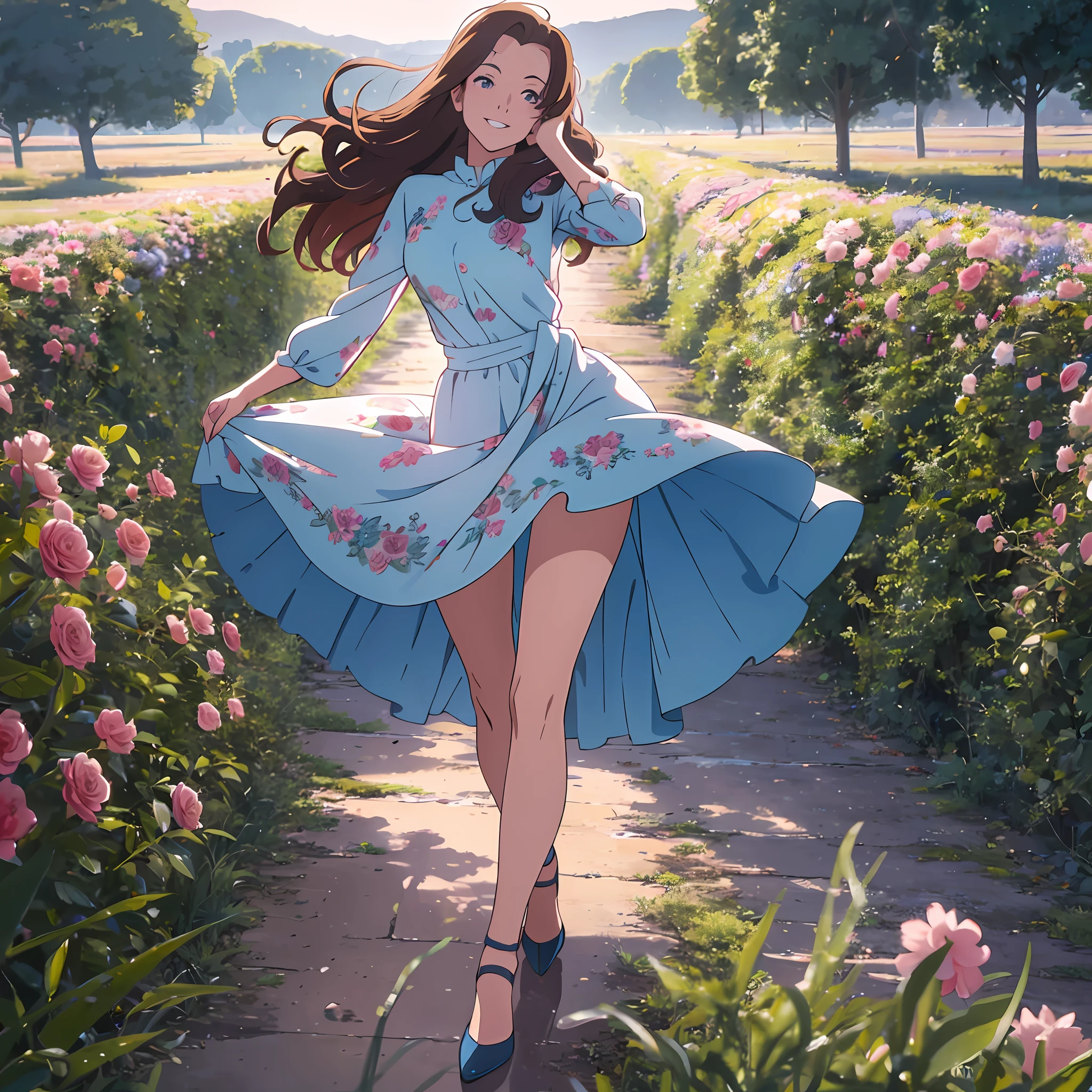 Anime girl in blue dress walking through meadow, colorful little wildflowers on the grassland, girl dancing in flower field, studio brisk Shinkai Makoto, Shinkai Makoto art style, ((Shinkai Makoto)), Shinkai Makoto's style, Shinkai Makoto's style, beautiful anime art, beautiful anime art art, beautiful anime art style, beautiful anime, HD picture quality, high contrast, natural light rendering