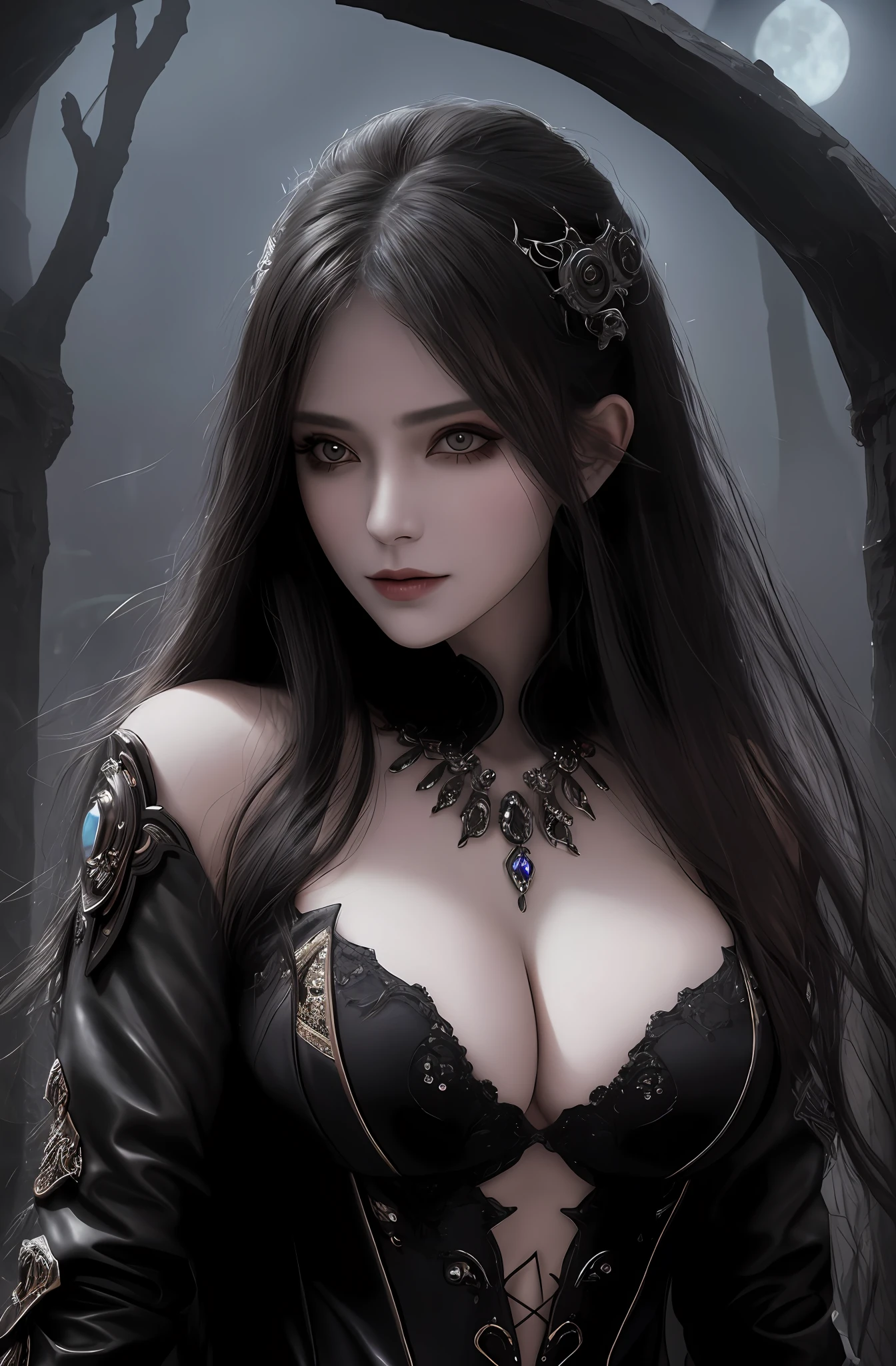 (16k, masterpiece, best quality), ultra-detailed, detailed beautiful round eyes, beautifully detailed face, high quality, high resolution, a female necromancer appeared from the fog with an army of undead, fog, horror, in the darkness of the night, goddess of darkness, undead army, straight hair, evil, an evil face, undead background, big breast, mature women, dynamic pose, looking into the distance