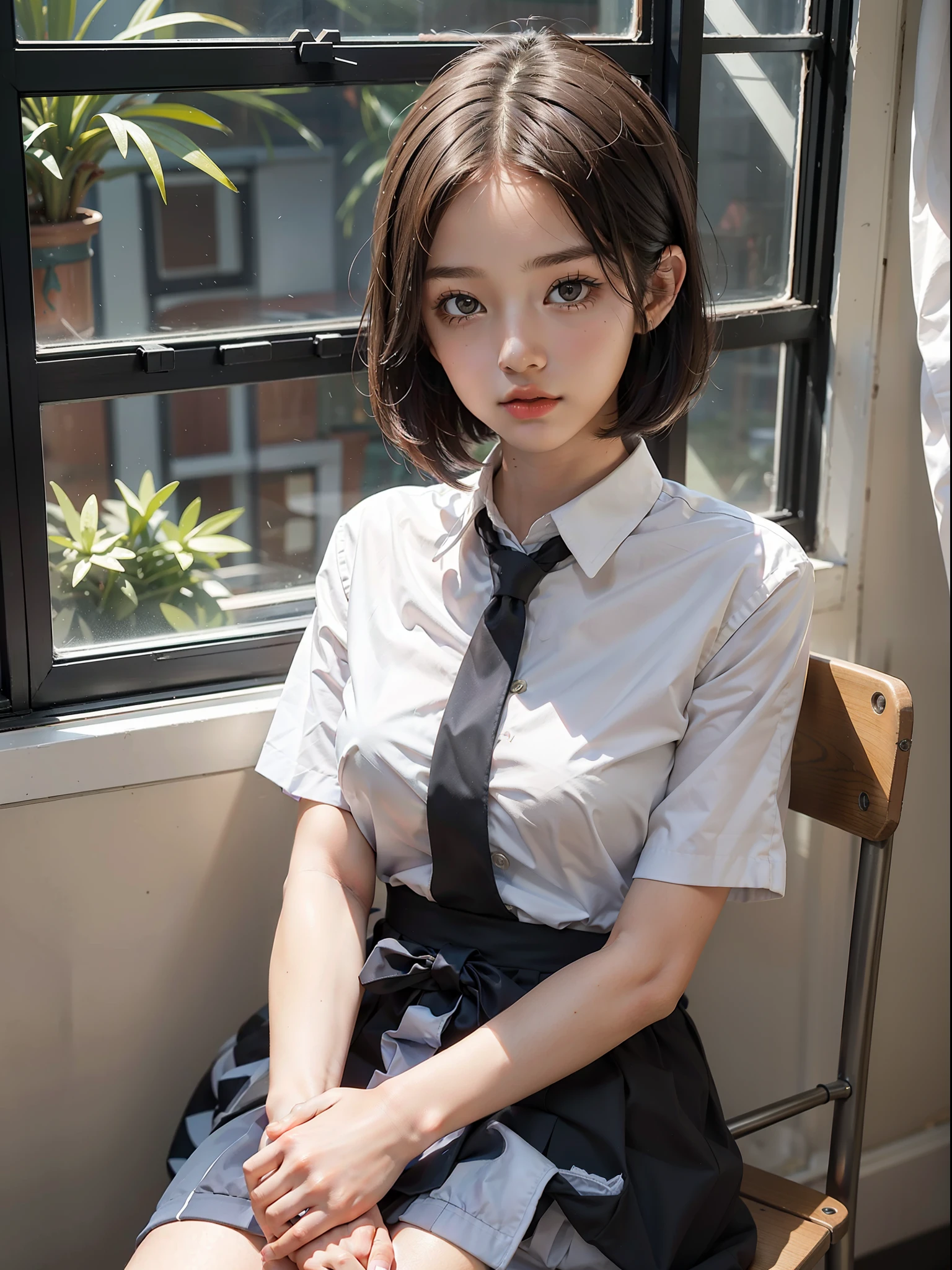Stunning photo of 7 years old beautiful girl sitting in the classroom, cute face, bob cut, school uniform, highly detailed, good lighting, window
