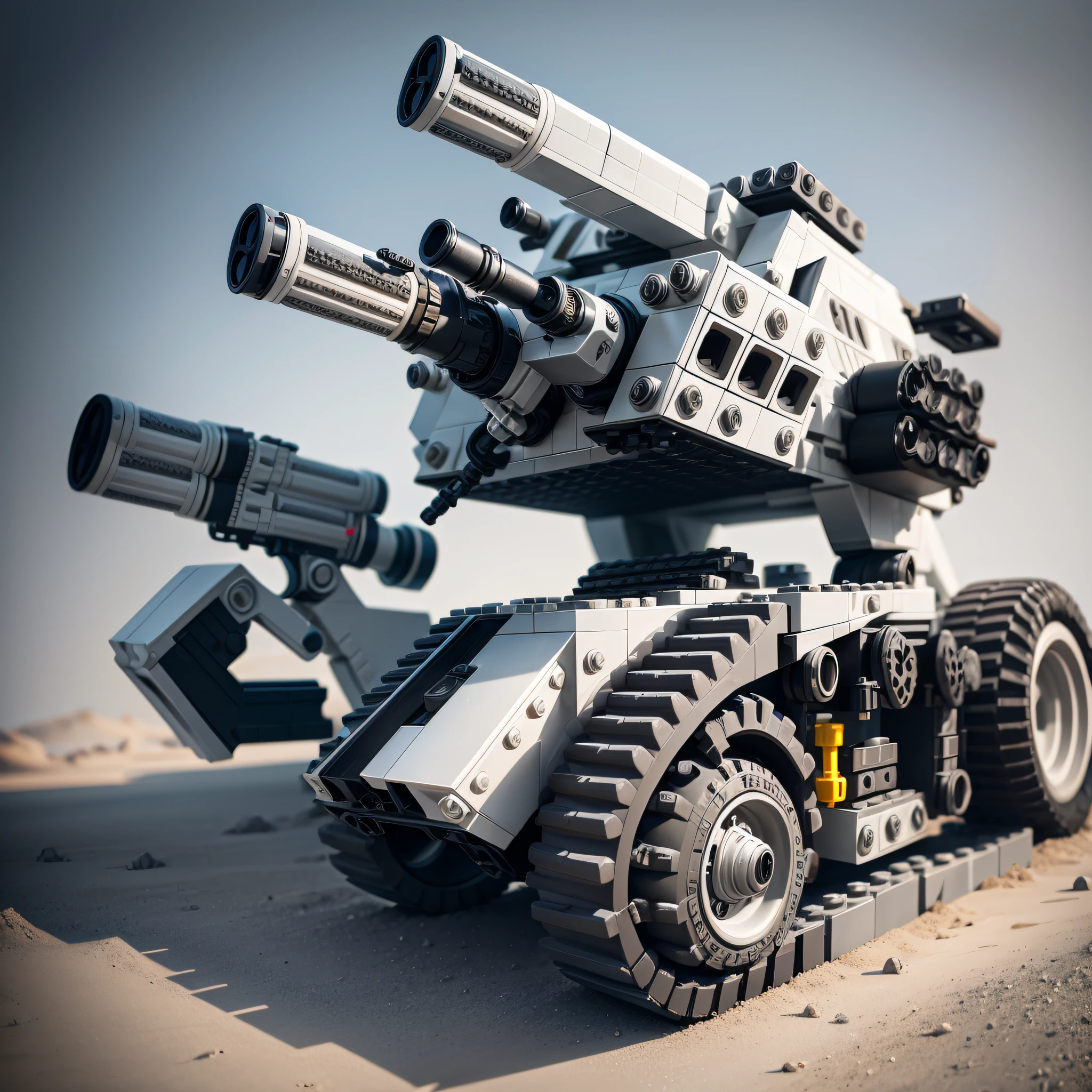 LEGO style A tracked three-barreled gun with front armor lego brick futurism science fiction futurism futuristic style gray