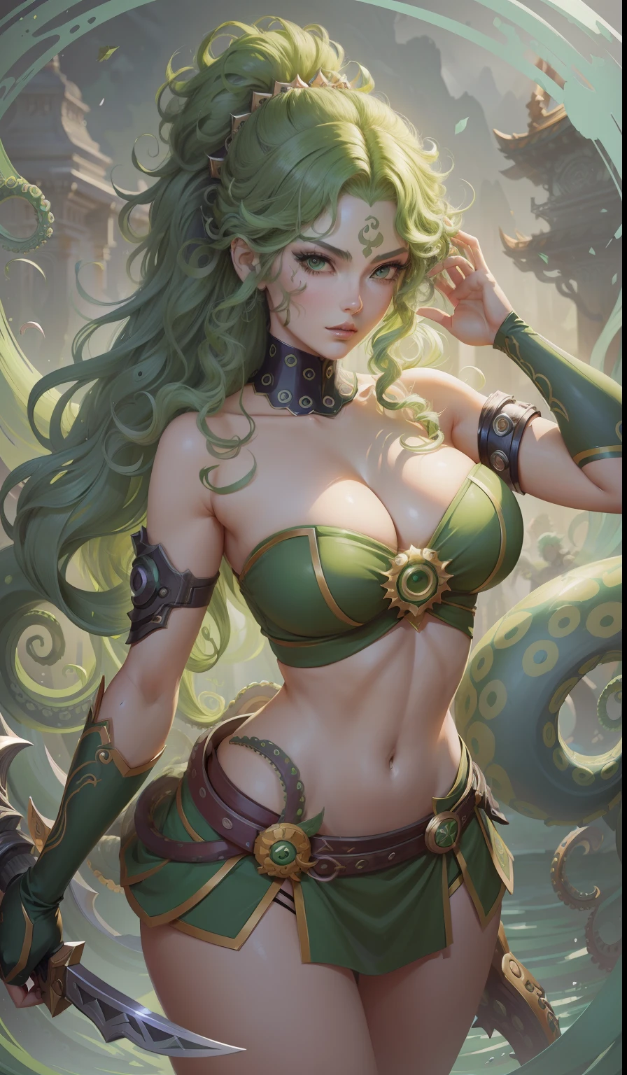 woman with green hair, holding a sword, (Artgerm inspired:1.2), (pixiv contest winner:1.1), (octopus goddess:1.3), (Berserk art style:1.2), close-up portrait, goddess skull, (Senna from League of Legends:1.1), (Tatsumaki with green curly hair:1.2), card game illustration, thick brush, HD anime wallpaper, (Akali from League of Legends:1.1), 8k resolution