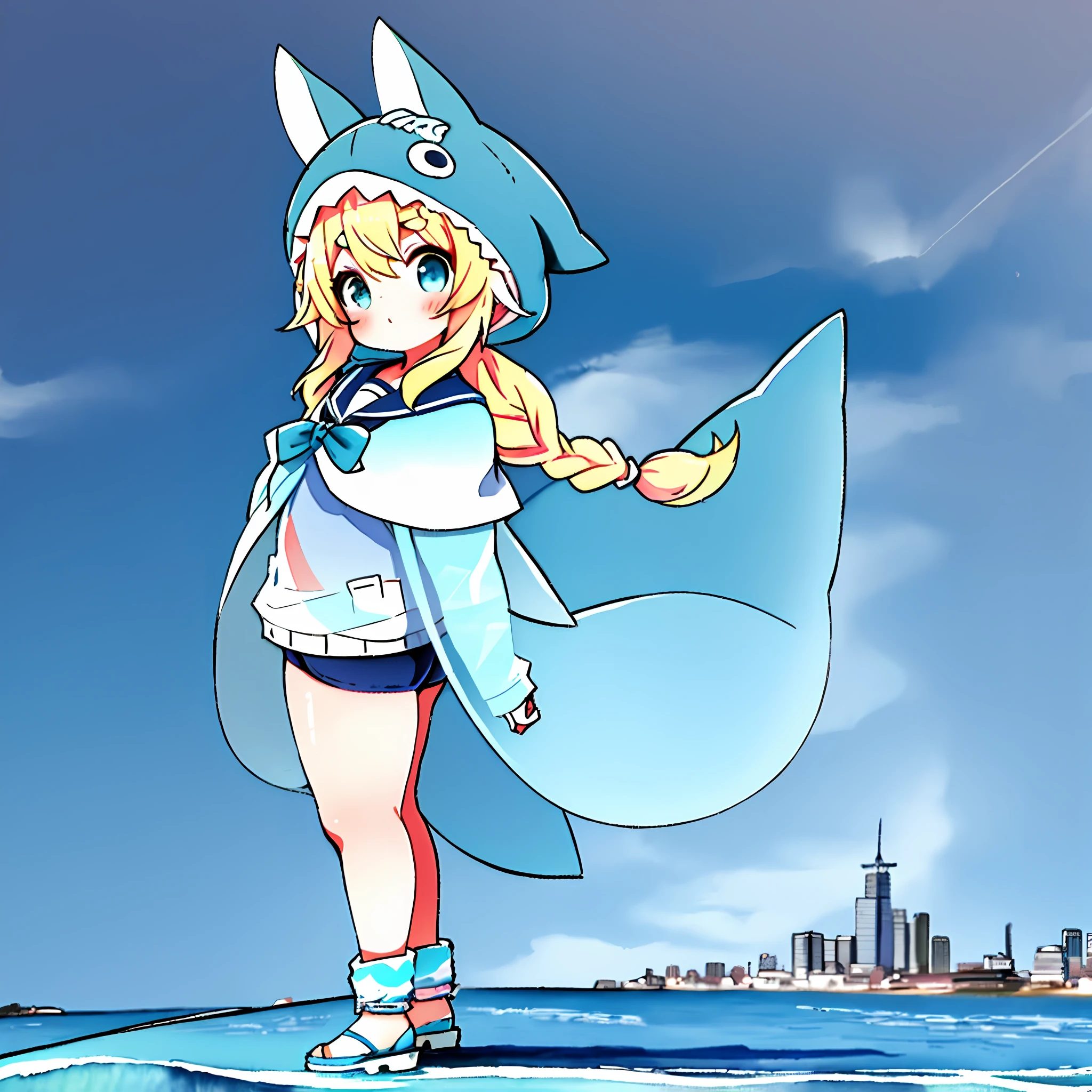 Chibi, full body, shark hat, watercolor touch, see-through poncho, school swimsuit, background is sea, city pop color, active pose, pigtails, rabbit ears, female grat, thick eyebrows, beautiful blonde, braid, (masterpiece), ((best quality)), girl, (beautiful eyes)), beautiful detailed eyes, five fingers, textile shading,