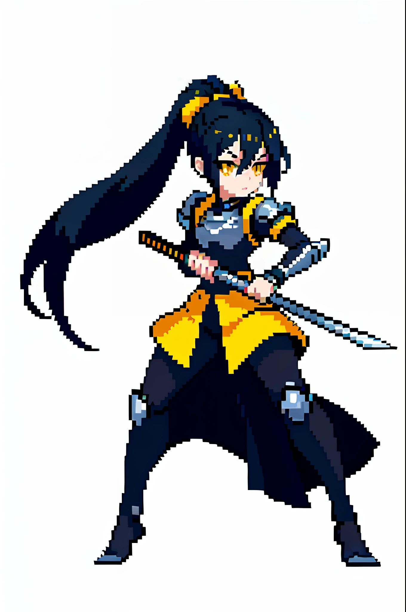 (masterpiece, top quality, best quality), pixel,pixel art,1girl,full body, black hair, ponytail, yellow eyes, black and red samurai armor, holding a yellow sword, holding the sword in a battle stance, yellow horns