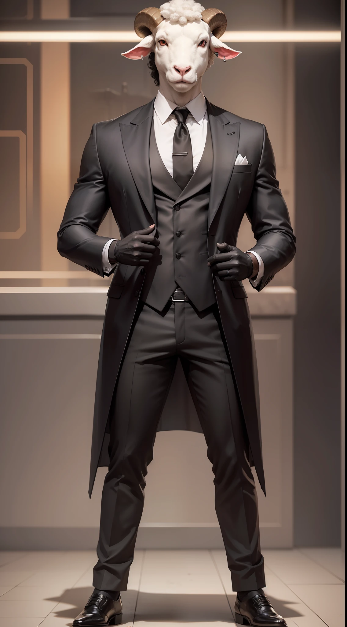 A male, sheep's head, human body, (wearing a black suit), stunning 8K character art, detailed full body concept, looking at the camera, facing the audience, standing pose, simple background, volumetric light, 8K, HD