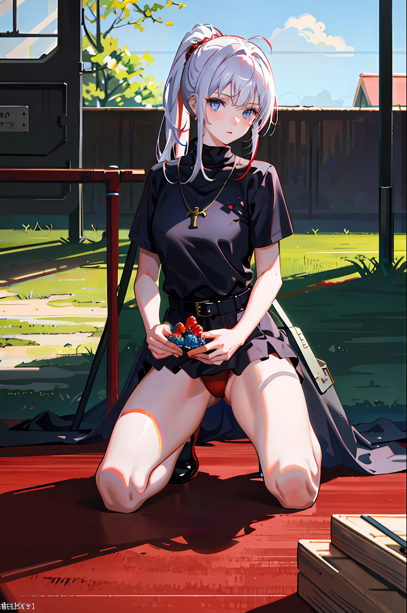 Frontal focus, 1girl, wearing tight red military uniform, kneeling on the ground, open thighs to reveal red panties, tightened by panties, revealing shy expression, blushing, bag, bangs, berries, white hair, high ponytail, blue eyes, hair between eyes, jewelry, leaves, looking at the audience, female focus, necklace, solo, watch, watch, messy hair, trends on artstation, 8k resolution, very detailed, anatomically correct, clear images, digital painting, concept art , fashion trends on pixiv, Makoto Shinkai's style,