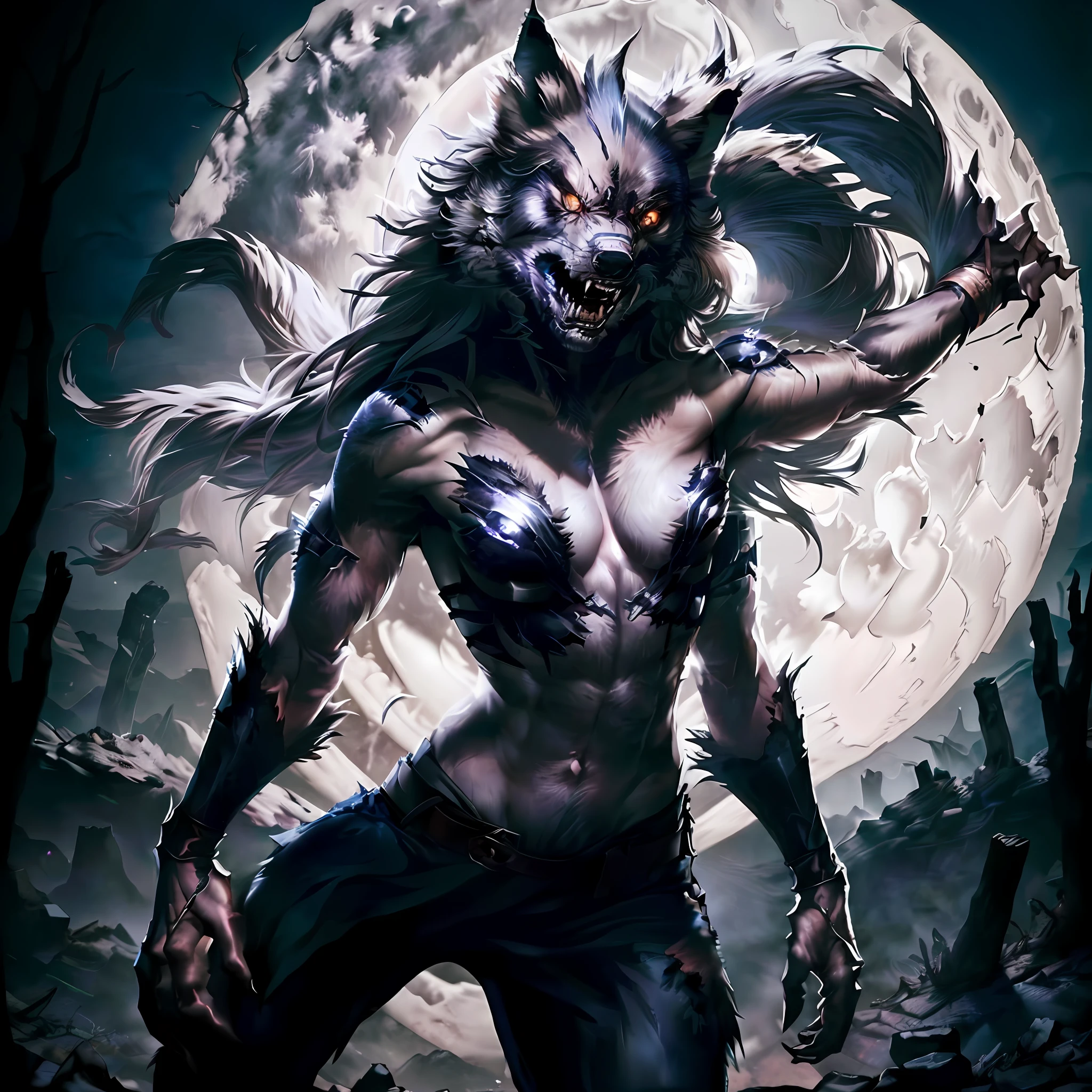 Wolf face, (full moon), woman werewolf, fur on skin, belly muscle, naked breast, torn skin, wolf face, screams, horror, highly detailed digital art, art station, amazing detail (cinematic lighting), drama, darkness, clear focus, very dark lighting, heavy shadows, detailed face (semi-realistic: 1.6), dynamic camera angle (horror), (dark fantasy), split t-bleeding (better lighting), (ultra-complex parts)), (overdetail)), (overdetail)),, Skimpy torn clothes in Ultra-HD format