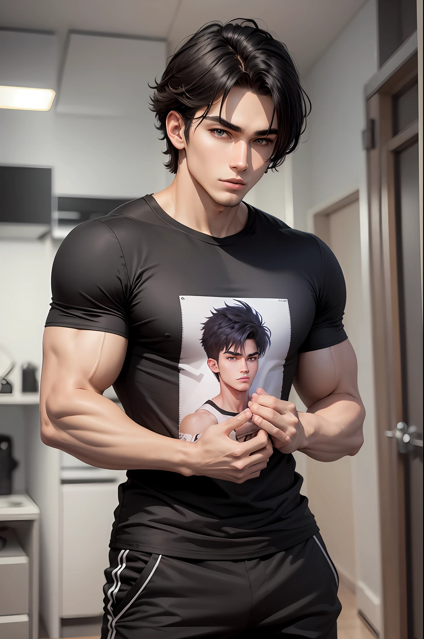 cartoon drawing, handsome, 20 years old, wearing a black plain t-shirt, wearing ankle pants, has comma hair, and poses cool , not too muscular --auto --s2