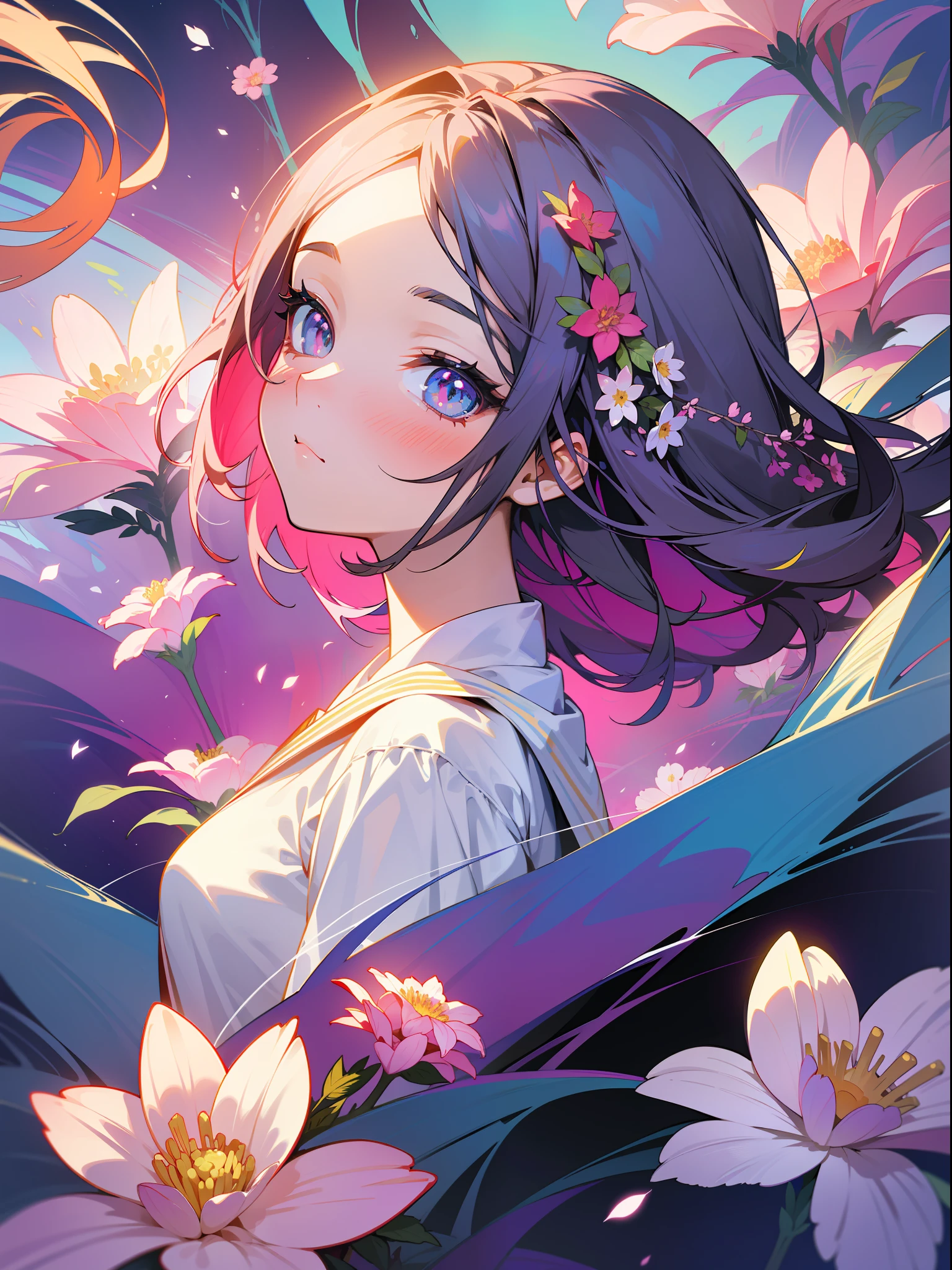 Masterpiece, High Resolution, Super Detail, 1 Girl, Solo, Highly Detailed Eyes, (Official Art, Beautiful and Aesthetic: 1.2), (Fractal Art: 1.3), Colorful, (Lots of Flower Effects: 1.4)