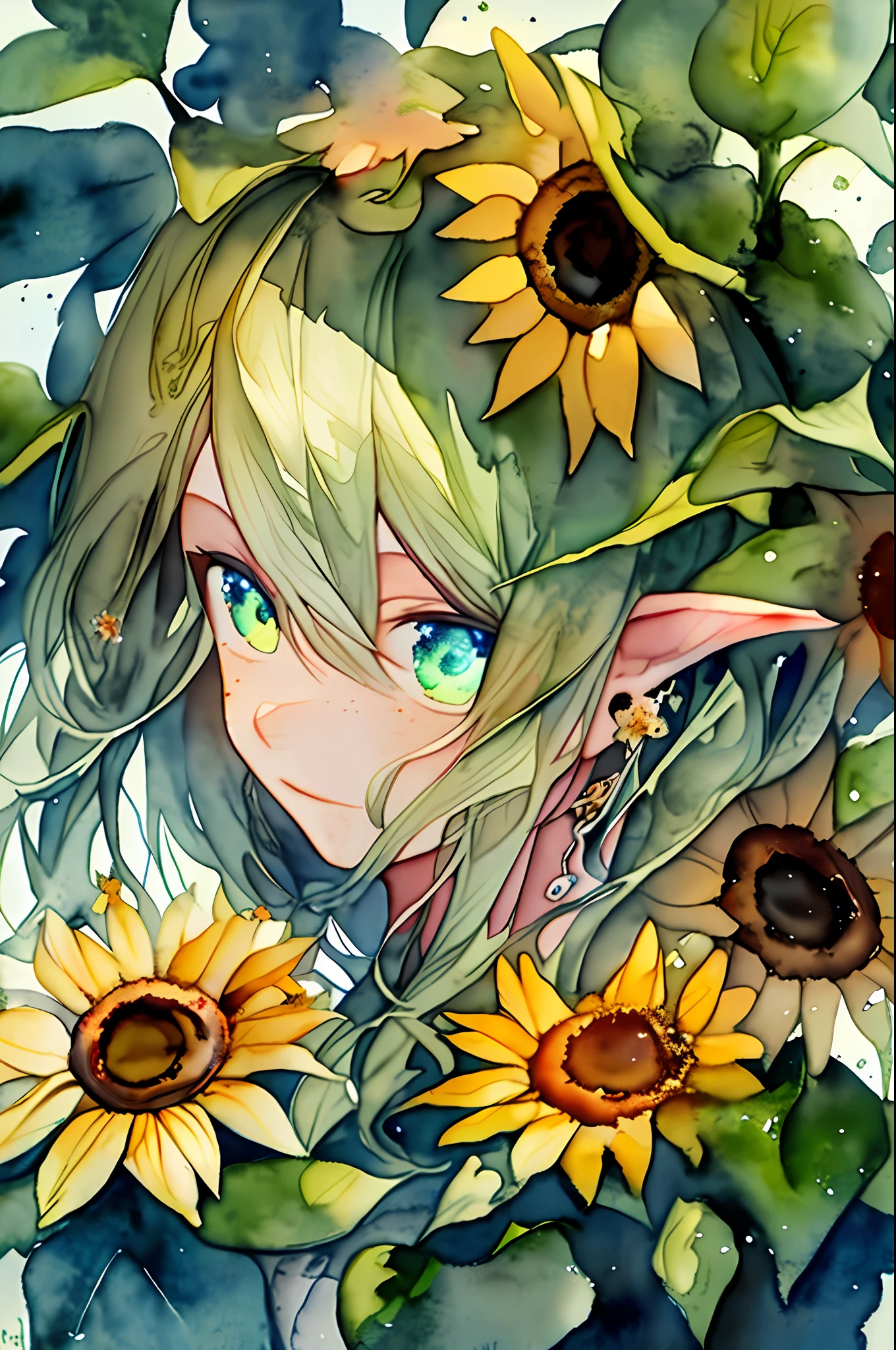 (watercolor:1.2),1girl,elf, solo, flower, sunflower,freckles, portrait, leaf, bangs, signature, yellow flower, brown hair, long hair, green eyes, hair between eyes, flower earrings, surrounded by flowers