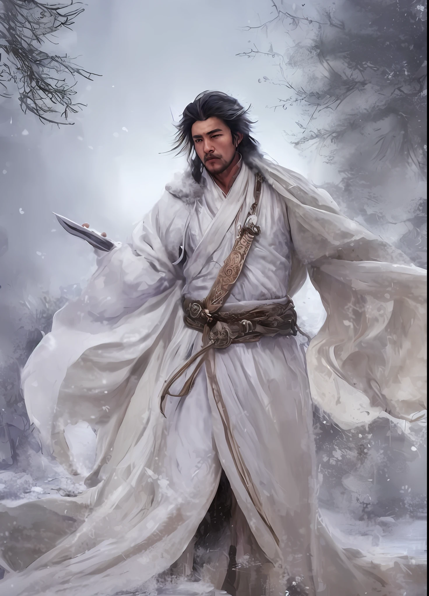 painting of a man in a white robe holding a sword, god of winter, by Yang J, inspired by Cao Zhibai, inspired by Hu Zaobin, inspired by Wu Zuoren, inspired by Wu Daozi, inspired by Zhao Yuan, by Xia Yong, by Huang Shen, inspired by Zhang Wo, inspired by Zhu Derun