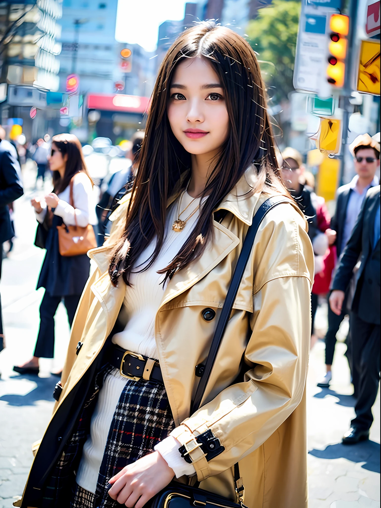 18 year old girl with perfect face and big, café, hands cross in front of body, cute clothes, slim and slender physique. The skin has detailed and highly detailed eyes (1.1 emphasis), very detailed skin texture (1.1 emphasis). Slender necklace, model photo style, photorealistic, skin texture is real human skin texture, detailed skin pores, intricate details, eyes very detailed, black plaid skirt: 1.5, G jean: 1.2, beige trench coat, black bag, street, smile, viewer's eye level, waist up