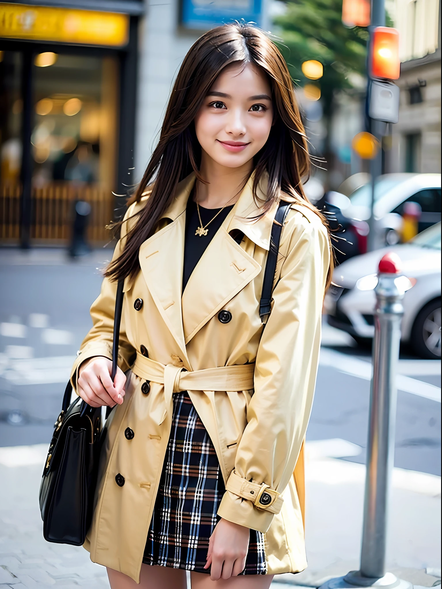 18 year old girl with perfect face and big, café, hands cross in front of body, cute clothes, slim and slender physique. The skin has detailed and highly detailed eyes (1.1 emphasis), very detailed skin texture (1.1 emphasis). Slender necklace, model photo style, photorealistic, skin texture is real human skin texture, detailed skin pores, intricate details, eyes very detailed, black plaid skirt: 1.5, G jean: 1.2, beige trench coat, black bag, street, smile, viewer's eye level, waist up