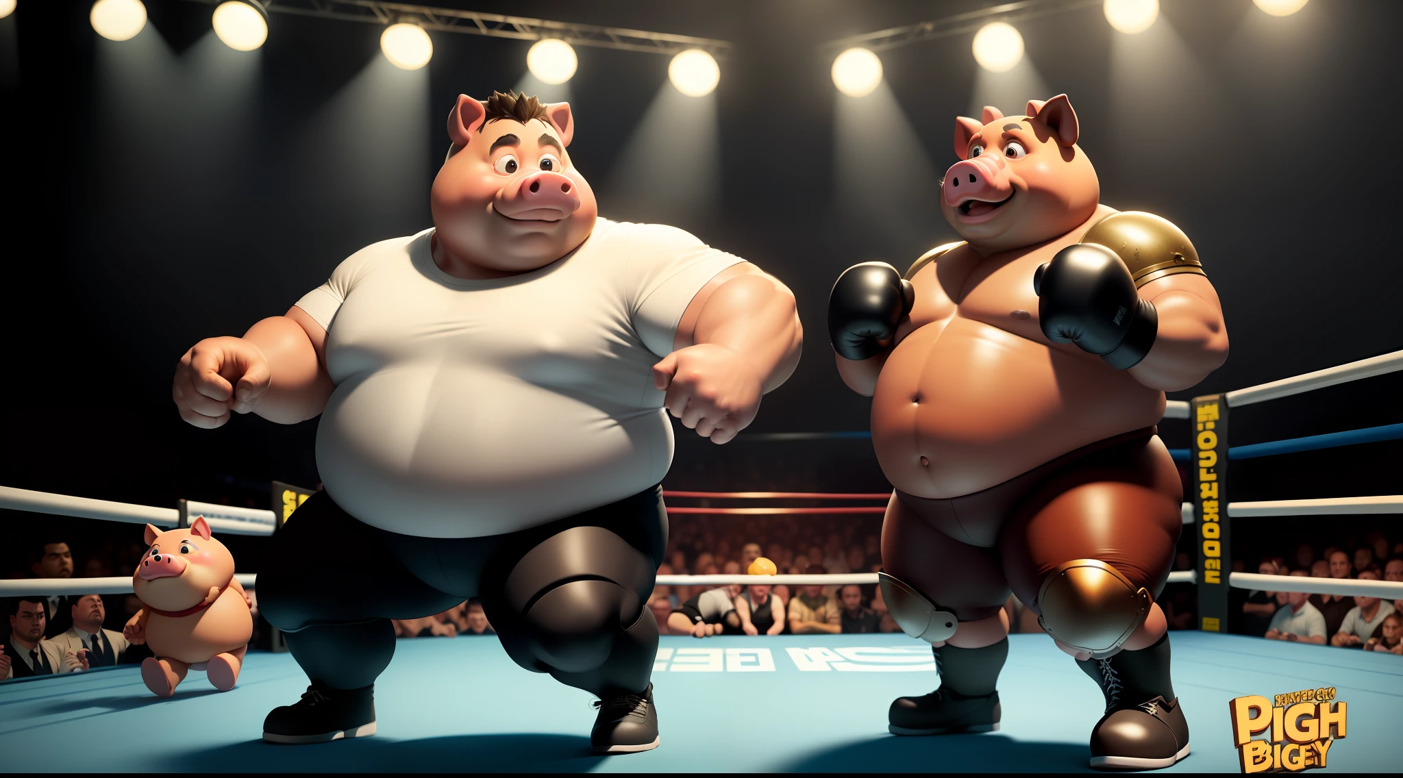 A Pig, Boxing Ring Scene, Punching Fat Pig, Highly Detailed, High Quality, Masterpiece, Movie Lights, Studio Light, Stills, Dramatic, (1boy, Solo: 1.4), (Fat Pig.1.2), Raccoon Tail, Tail, Battle Armor, (Full Body .1.2), Smile, Gigachad, (Detailed Face and Eyes: 1.4)