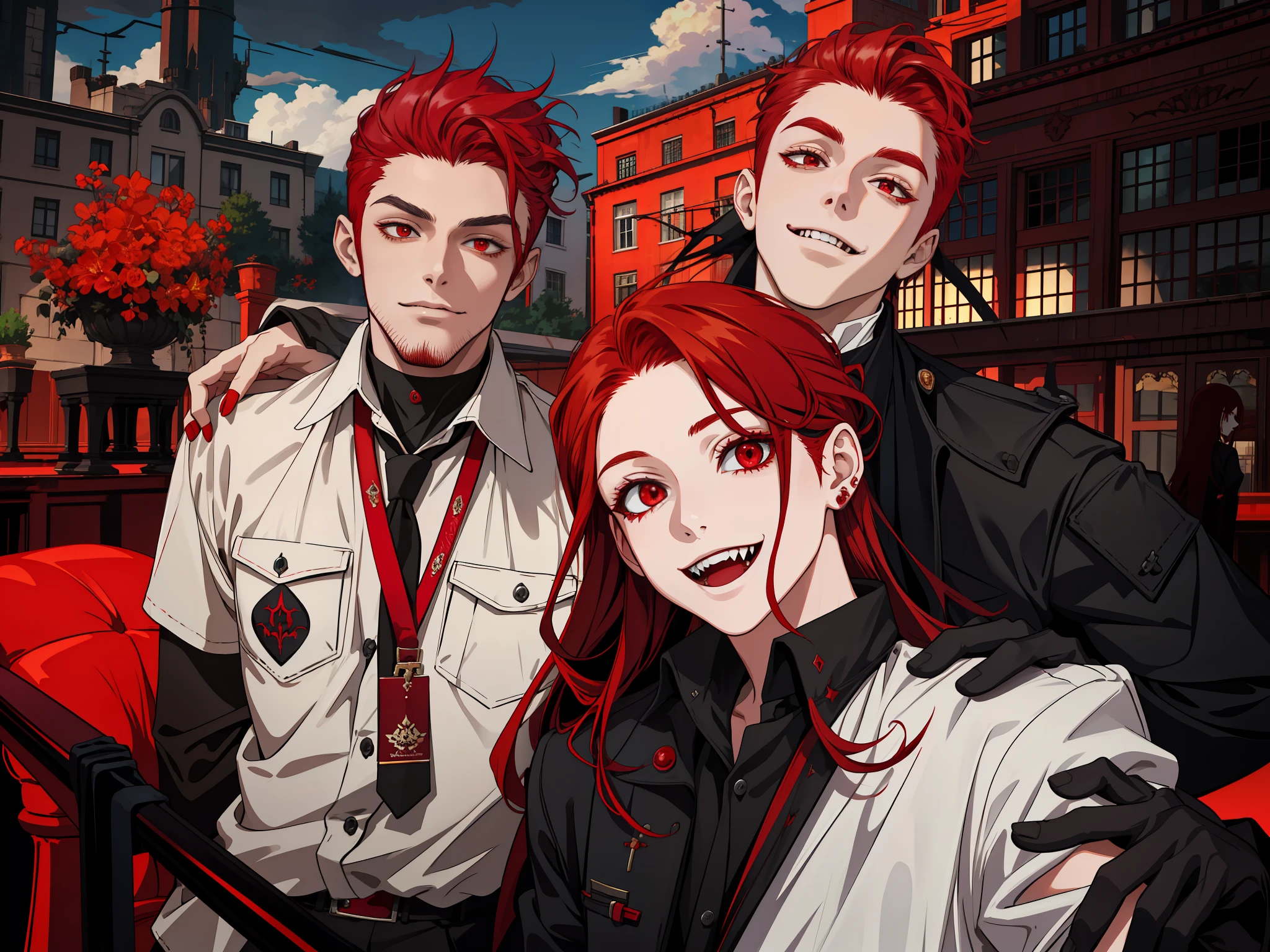 masterpiece, best quality, highres, 1girl, solo, modern vampire, red hair girl, long hair, open hair, red eyes, evil smile, 2 young boys on her both sides, both vampires with red hair, red and black outfit, scary background