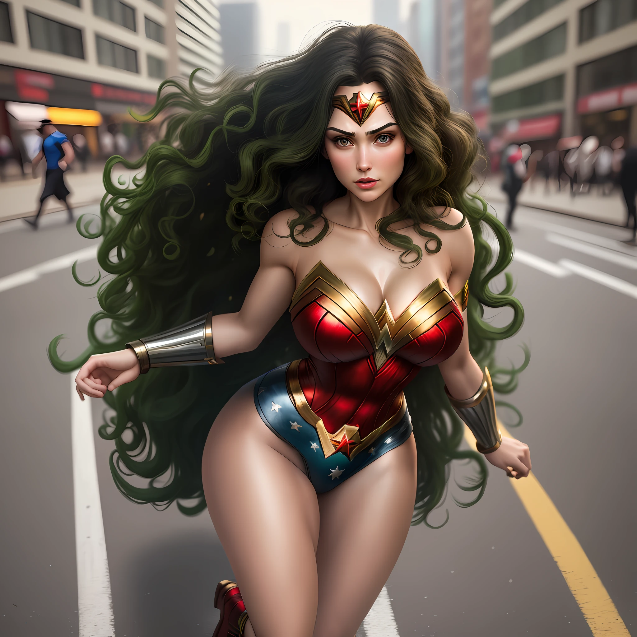 ultra realistic image, 16k, hyper realistic, very beautiful woman ultra realistic, raw, very thin high waist, big breasts, wide hip, perfect shapely ass, fluffy curly hair with lots of green volume, with fitted wonder woman costume, standing on a street in a big city