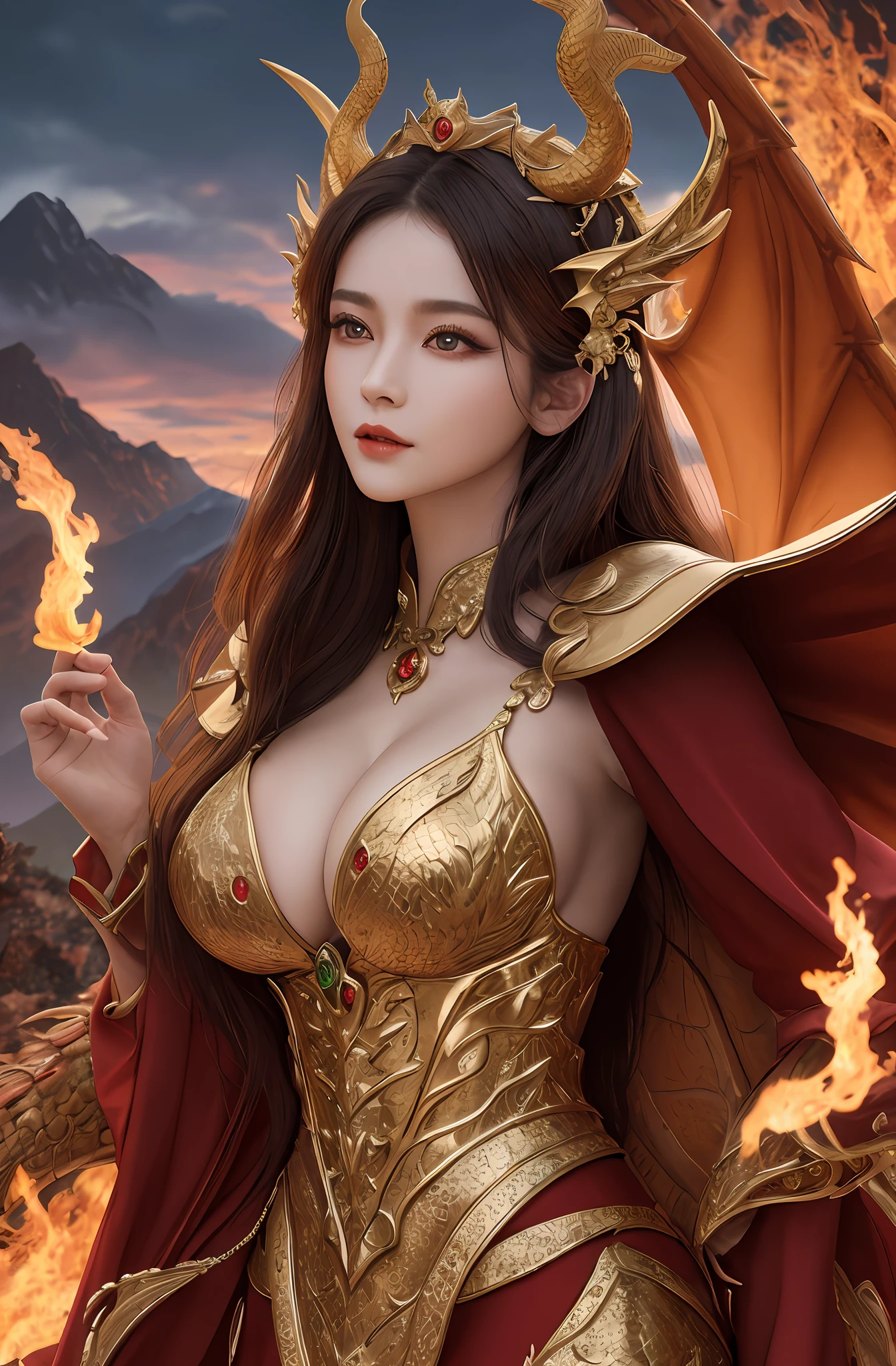 (16k, masterpiece, best quality), ultra-detailed, detailed beautiful round eyes, beautifully detailed face, high quality, high resolution, the dragon queen with her dragons, dragon outfit, fire dragon, goddess, perfect face, perfect body, big breast, ((daytime)), mature women, outdoor, mountain background, looking into the distance