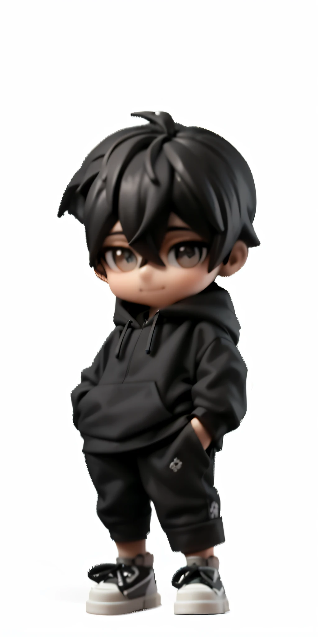 a close up of a small toy figure of a person wearing a hoodie, style as nendoroid, nendoroid 3 d, q posket, nendoroid, nendoroid eyes, nendroid, water color nendoroid, good smile company anime style, an anime nendoroid of snoop dogg, black haired girl wearing hoodie