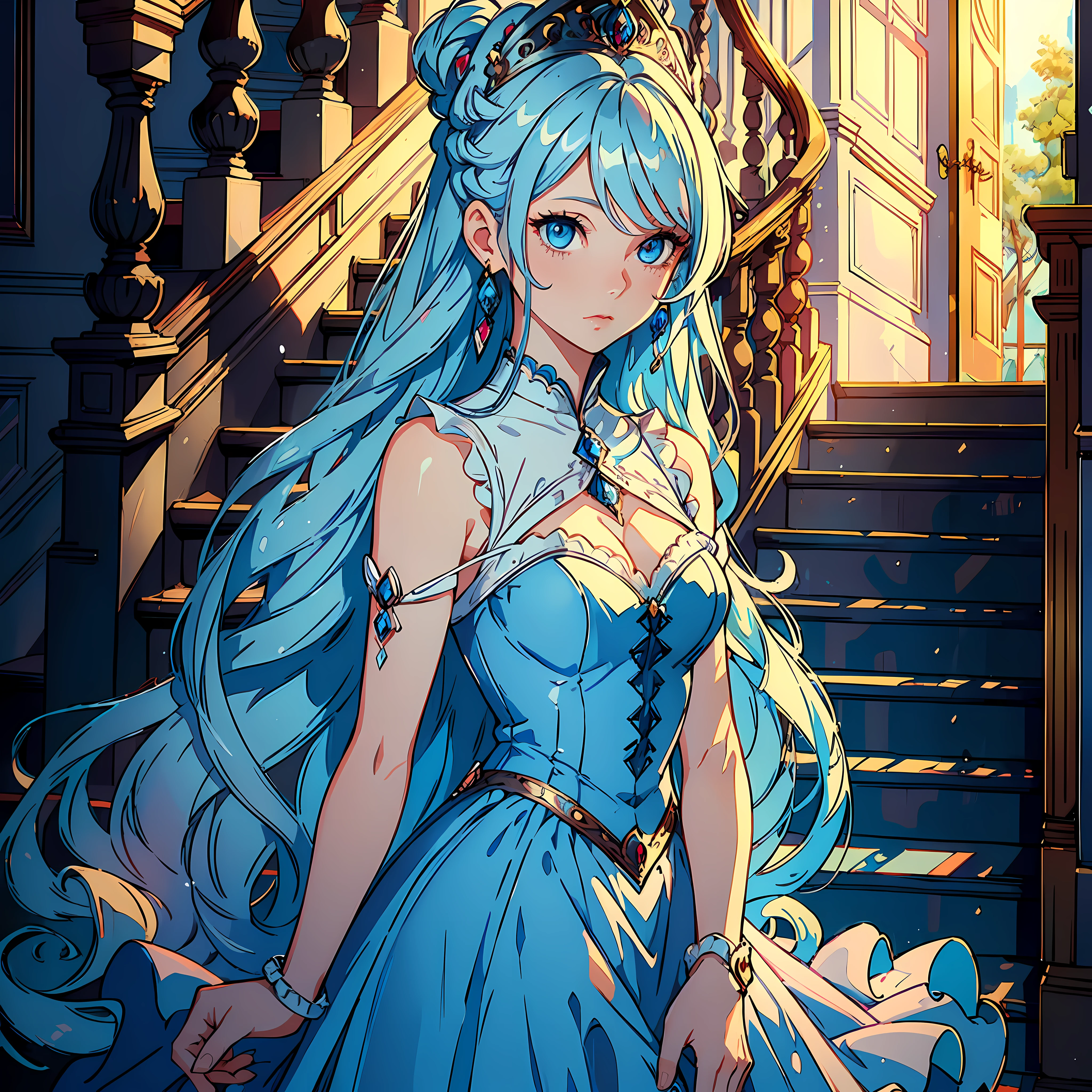 (((Best Quality))),((Ultra Detail))),(Masterpiece)))) Illustration, 1 woman, pretty, long blue hair, blue eyes, love pupils, love earrings, delicate face, princess dress, mansion, doll, stairs, soft light