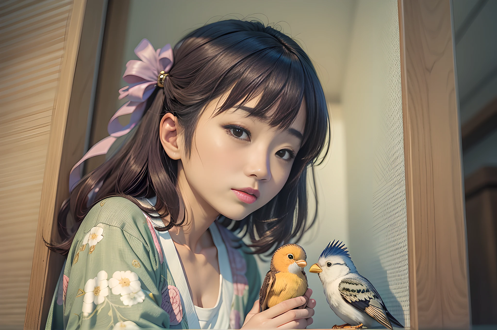 there is a woman holding a toy bird on her head, ayaka, akiko takase, junki ito, chiho ashima, aya takano, young sensual gravure idol, deayami kojima, shiori teshirogi, yuuka kazami, kiyoko suzuki, juri misaki, aoshima chiho, yung woman,