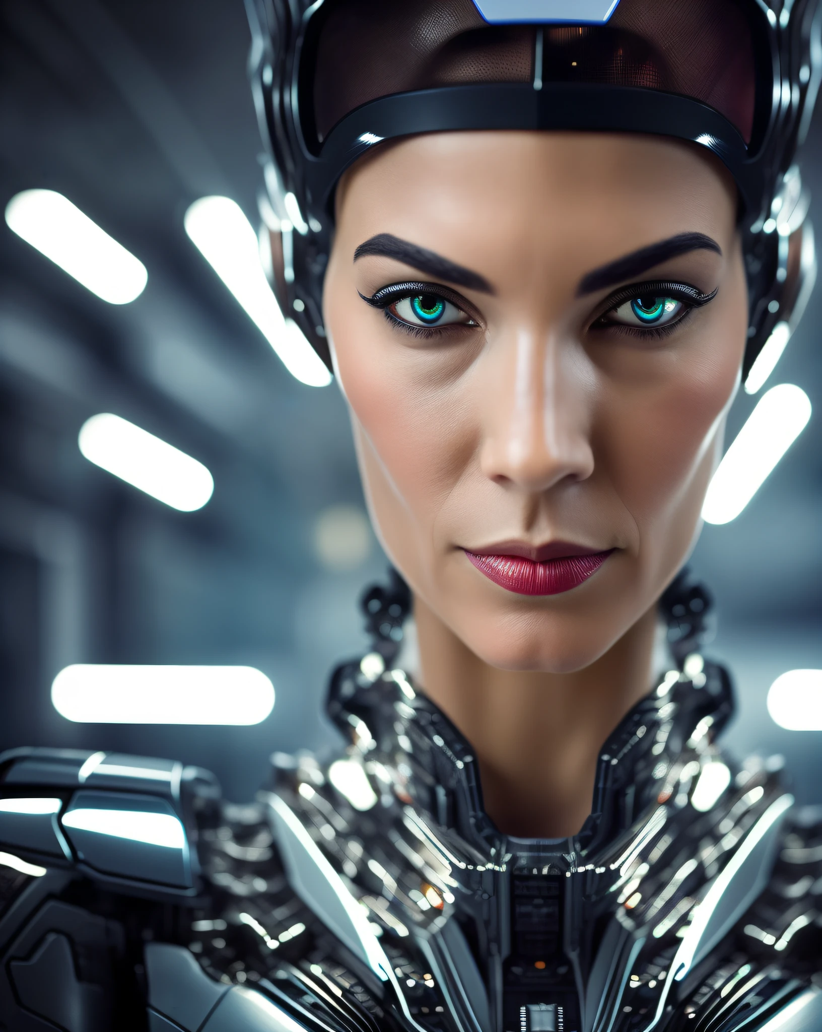 +dvMech, cyborg, part robot part human, science experiment, portrait, 85mm, f1.8, laboratory background, looking at viewer