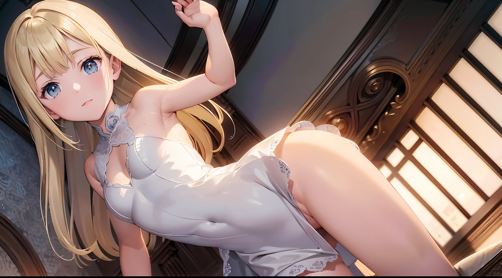 best quality, stunningly detailed CG unity 8k wallpaper, chic and beautiful, soaring, beautiful face, foreshortening, $girl$, long blonde hair, blue eyes, medium breasts, dress with an open view of the chest, all the charms are visible under the dress, white socks, lifts up the dress with his hands, shows his ass in the bath, bends over, hips are small.
