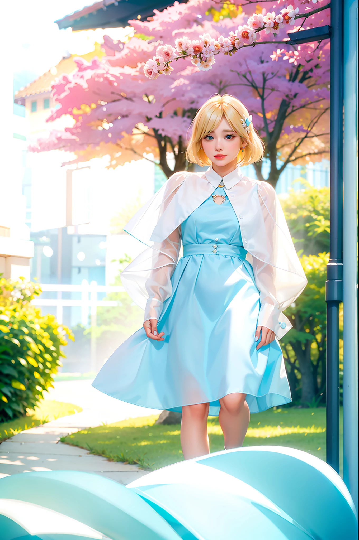 A woman in a white blouse and a light blue dress, blonde hair, cute