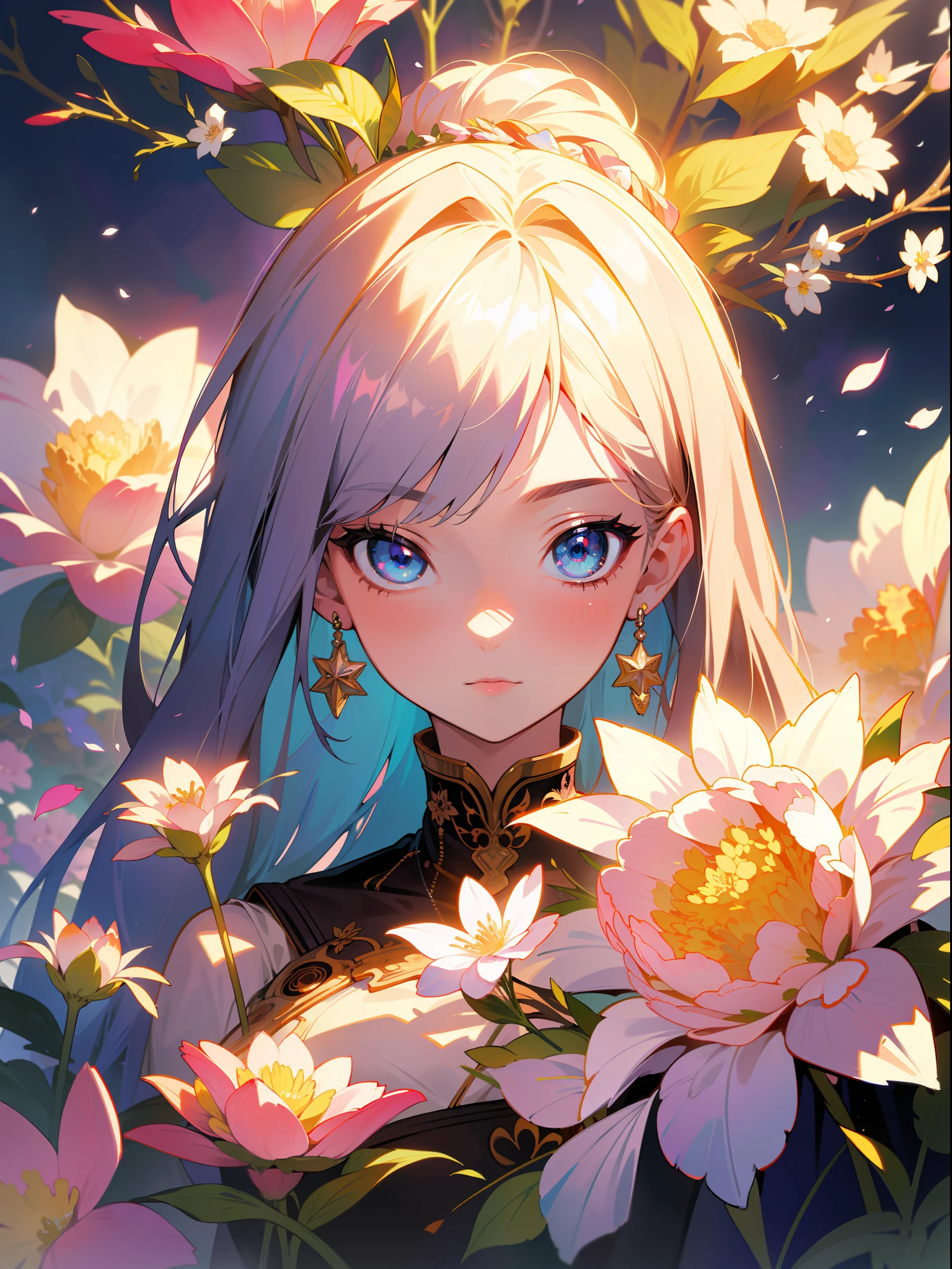 Masterpiece, high resolution, super detailed, 1 girl, solo, highly detailed eyes, (official art, beautiful and aesthetic: 1.2), (fractal art: 1.3), colorful, (lots of flower effects: 1.4), lots of petals, beautiful light