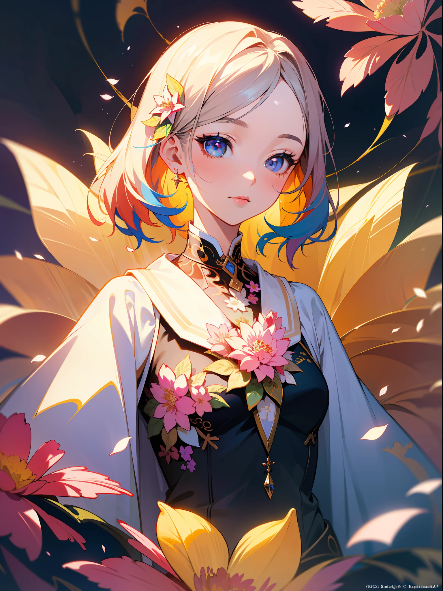 Masterpiece, high resolution, super detailed, 1 girl, solo, highly detailed eyes, (official art, beautiful and aesthetic: 1.2), (fractal art: 1.3), colorful, (lots of flower effects: 1.4), lots of petals, beautiful light