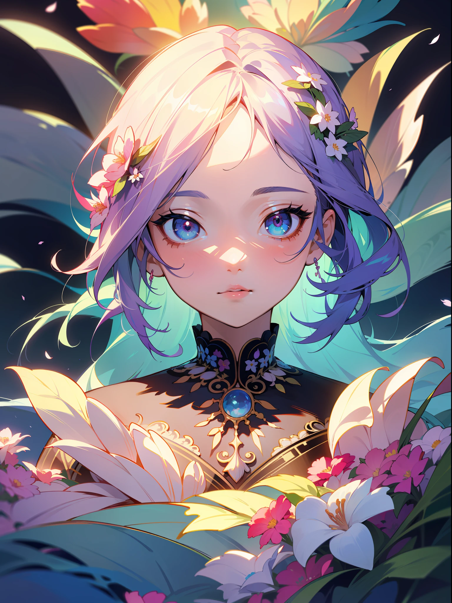 Masterpiece, high resolution, super detailed, 1 girl, solo, highly detailed eyes, (official art, beautiful and aesthetic: 1.2), (fractal art: 1.3), colorful, (lots of flower effects: 1.4), lots of petals, beautiful light