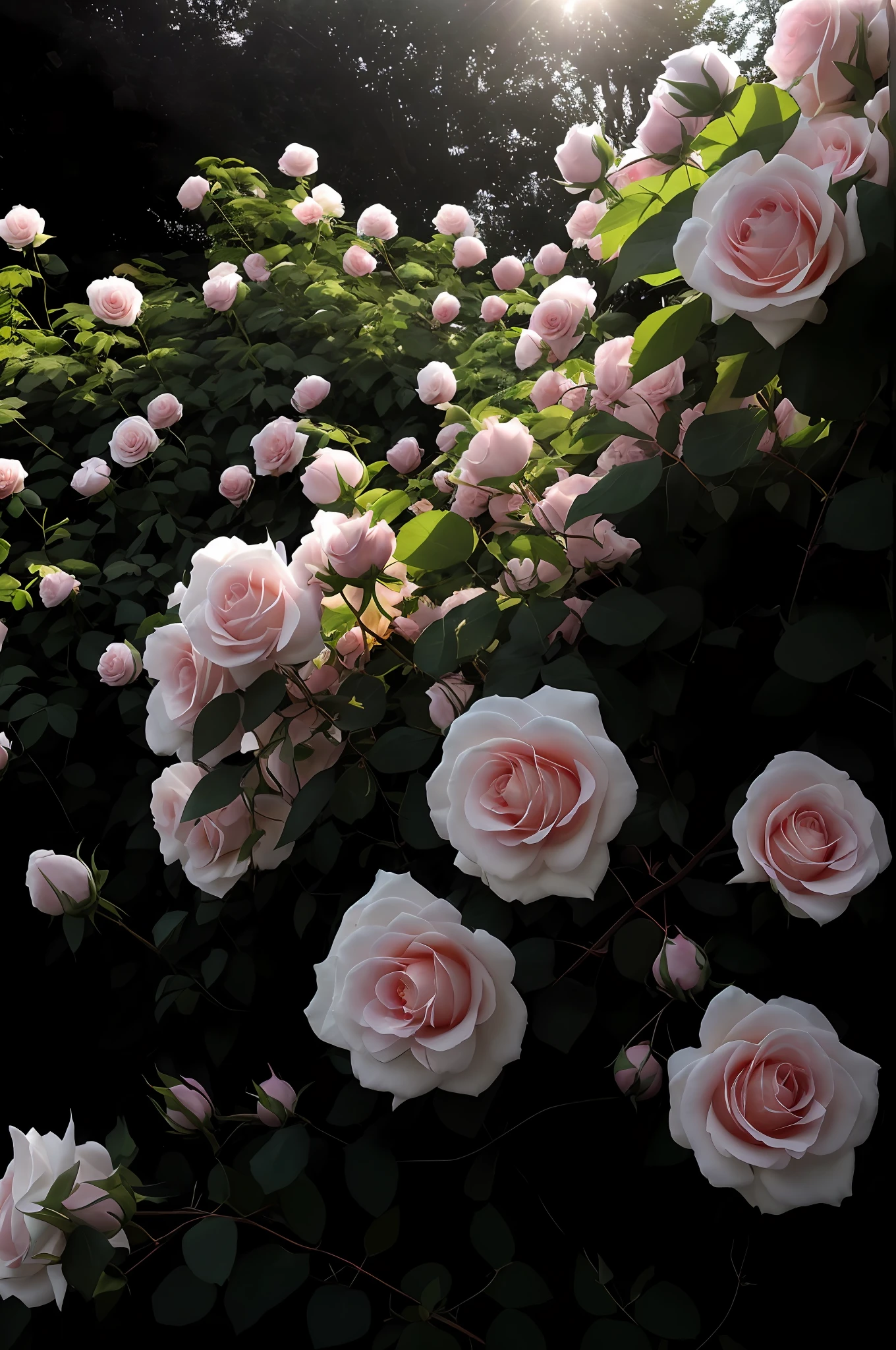 Shangri-La green roses, blue sky as background, sunny weather, shot from a distance, 32K, super beautiful wallpaper, real