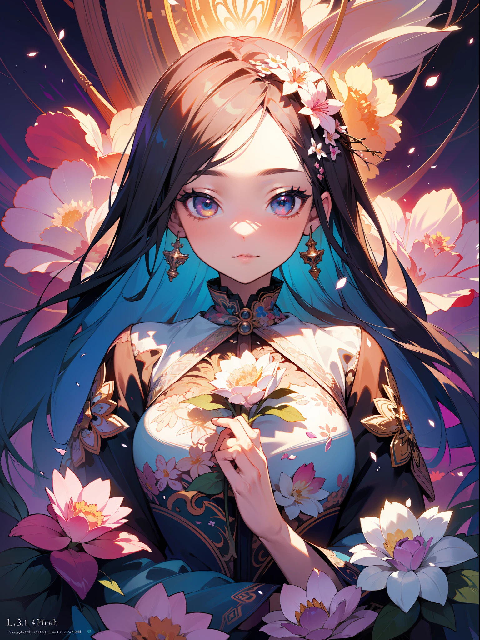 Masterpiece, high resolution, super detailed, 1 girl, solo, highly detailed eyes, (official art, beautiful and aesthetic: 1.2), (fractal art: 1.3), colorful, (lots of flower effects: 1.4), lots of petals, beautiful light