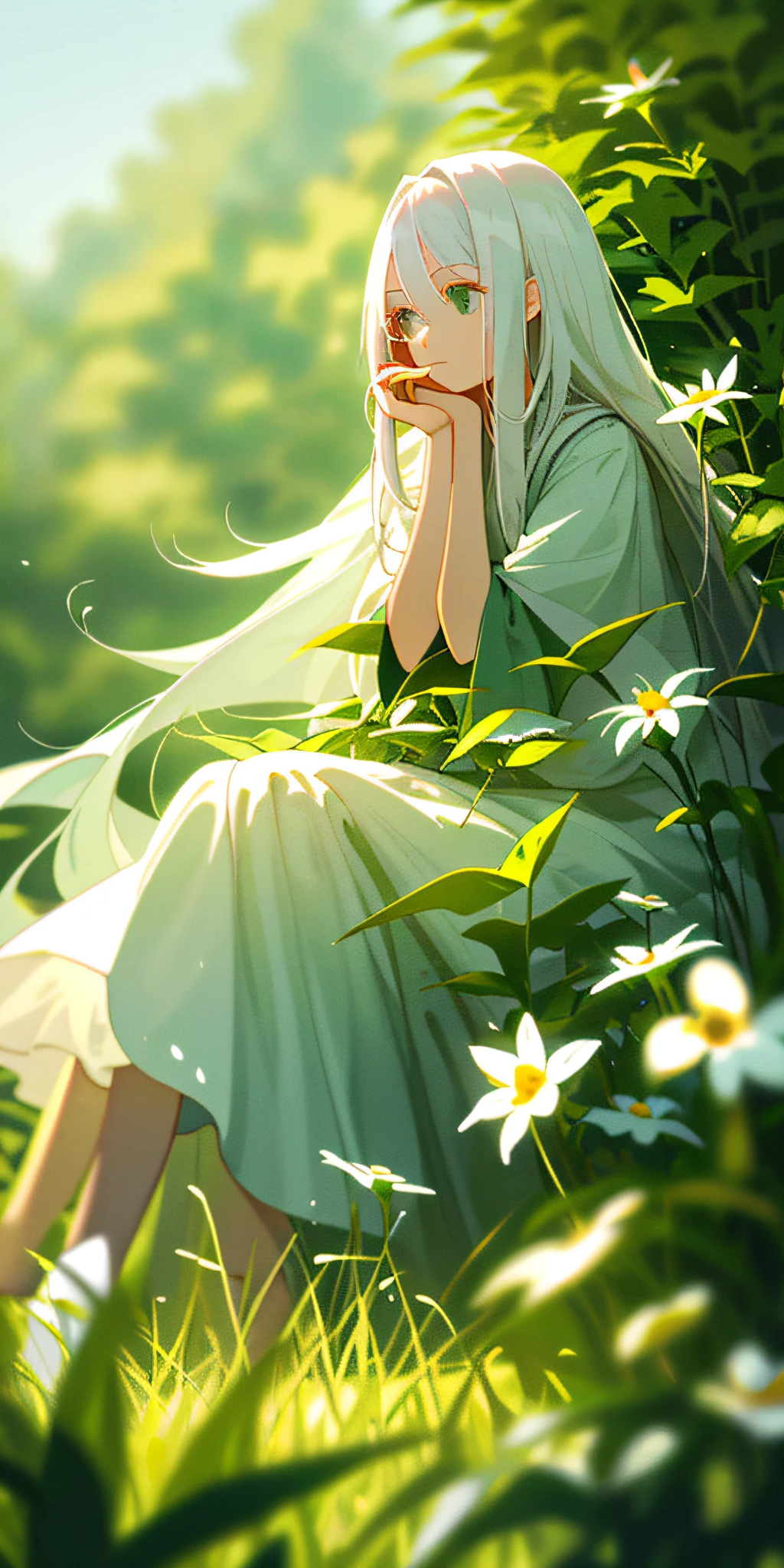 (masterpiece, best quality),1girl with long white hair sitting in a field of green plants and flowers, her hand under her chin, warm lighting, white dress, blurry foreground