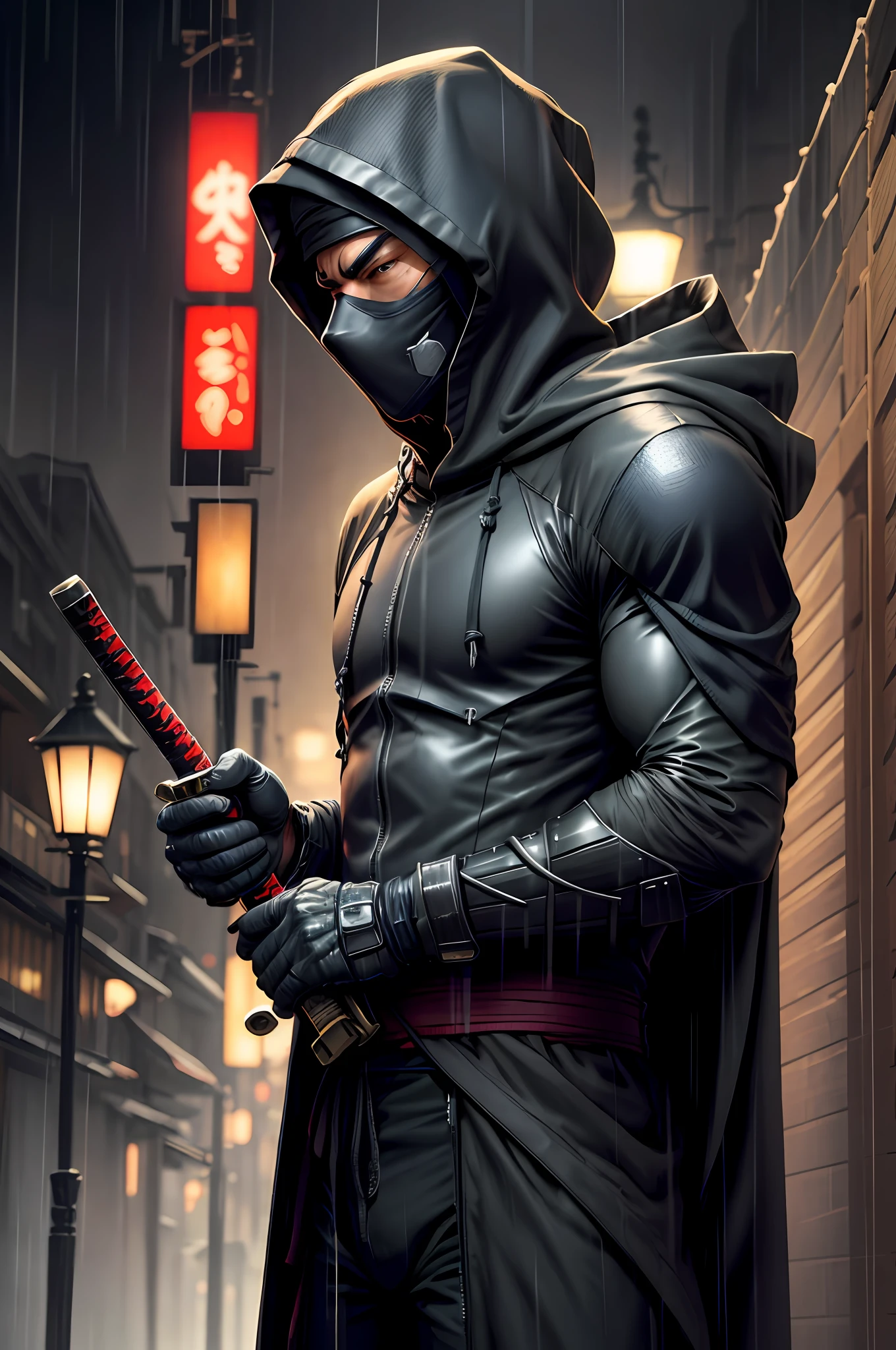 A man in a dark combat suit, covering his entire body, with a hood and black mask that covers him up to his nose and that he has a Japanese katana in his hands, kyoto background, rainy atmosphere, cybernetic enhancements,