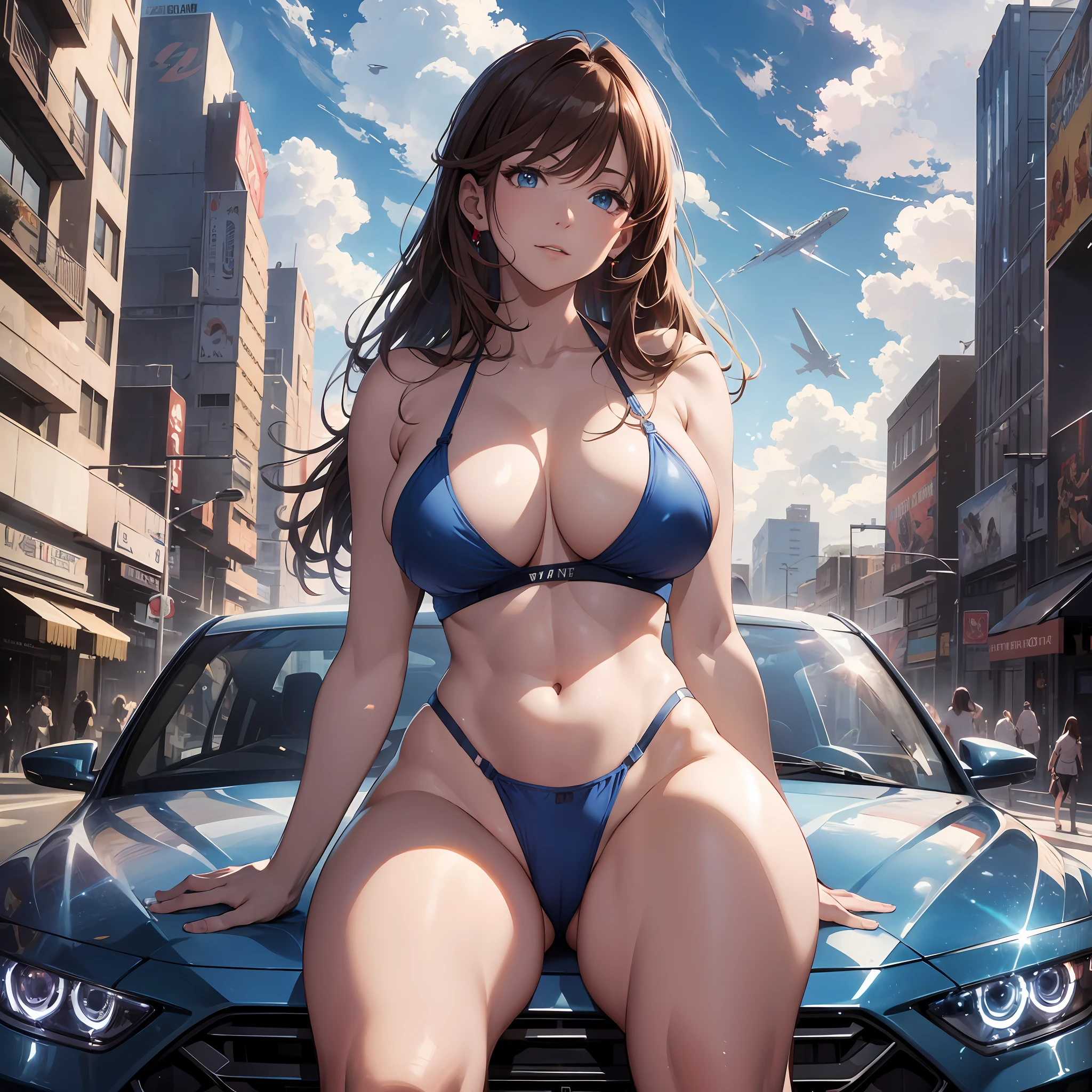 16K, HDR, ray tracing, RTX, ultra realistic, highres, best quality, masterpiece, full body image, (perfect ??????? ), a beautiful mature milf posing for a photograph sitting on a car roof, wearing a ???? red ??????, long brown hair, bangs, happy chuckle, blue eyes, ???? body, looking at the camera, day time, blue sky, city, clouds, spaceship, anime style, outdoors, trending on artstation, WLOP, sakimichan, award wining, great composition, perfect, great lighting