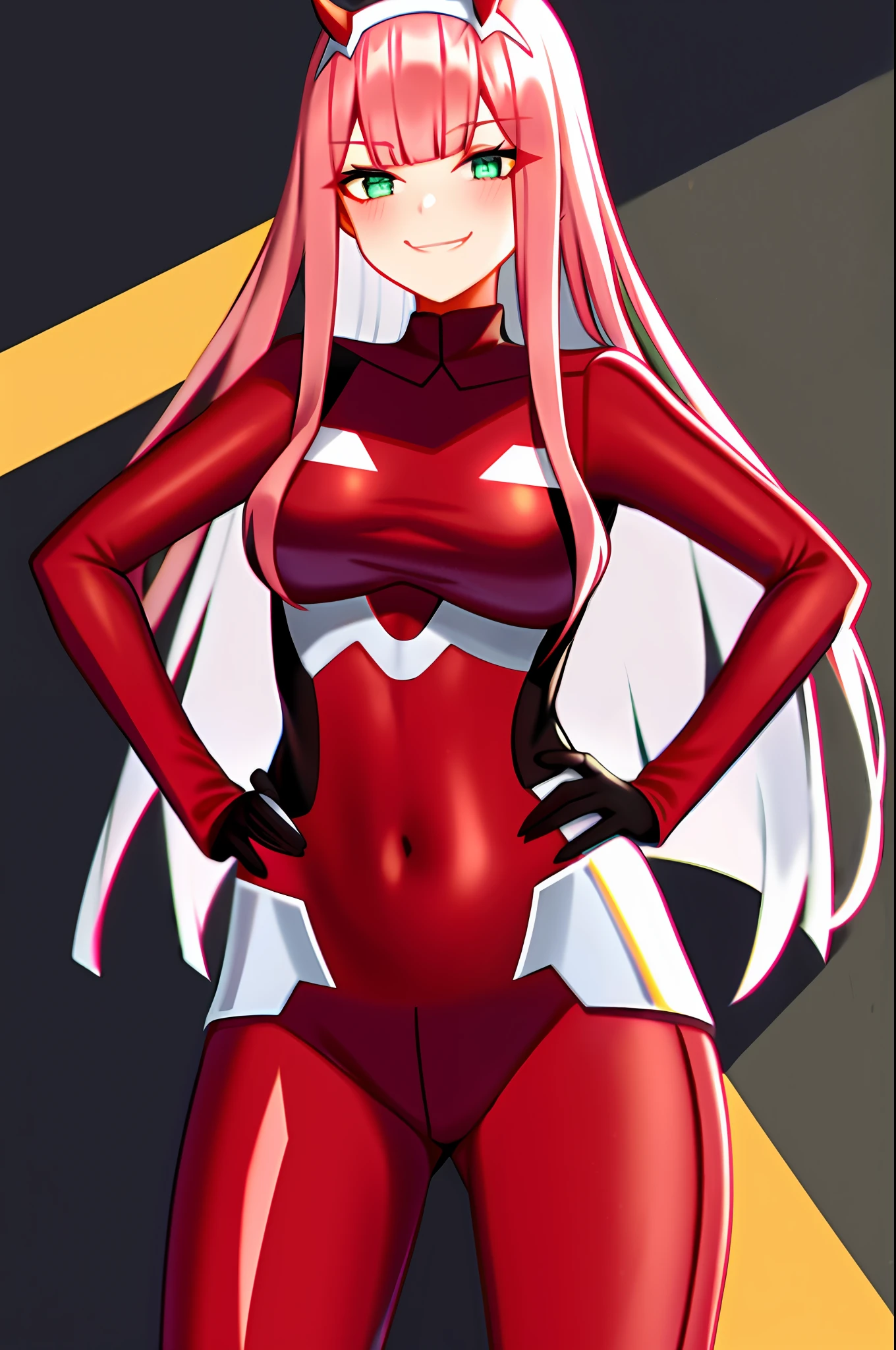 zero two \(darling in the franxx\), darling in the franxx, 1girl, bangs, biting, blush, covered navel, eyeshadow, green eyes, hair behind head, hand on hip, horns, smile, long hair, looking at viewer, makeup, medium breasts, pilot suit, red suit, pink hair, red eyeshadow, science fiction, skin tight, solo