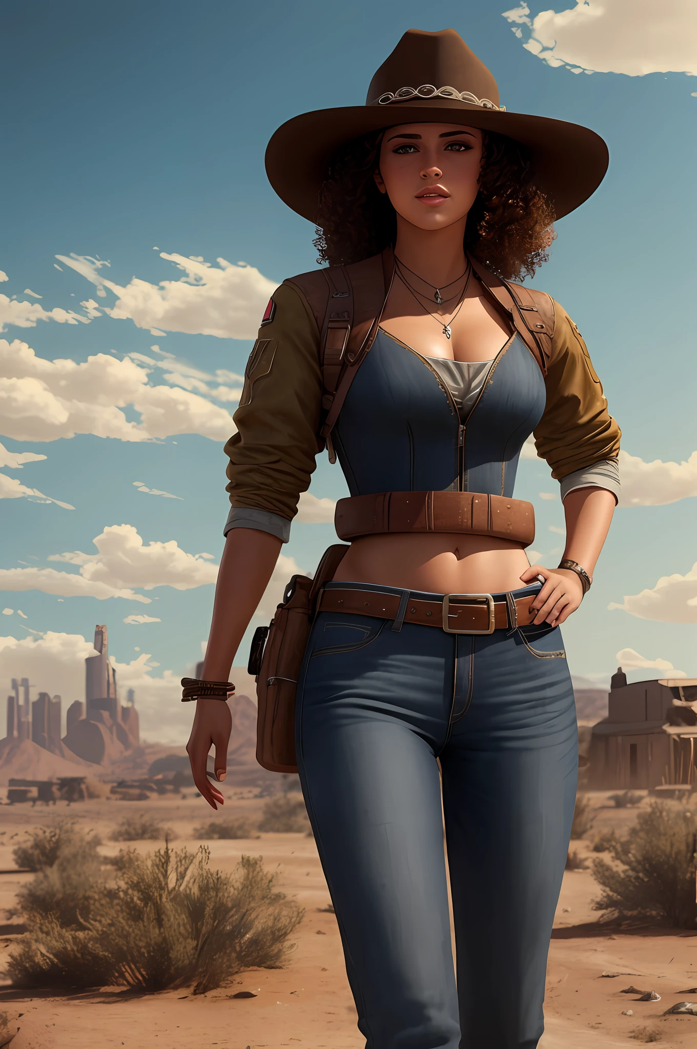 Create a cinematic and filmic image ((best quality)), ((masterpiece)), ((realistic)) of [post-nuclear city] in [fallout style], with [detailed lines], [dynamic shading] and [rich colors]. Show [young Caucasian woman] [Desert Ranger] called [AnjelikaV2:1.5] with [expressive facial features] and [fluid body movements], and lots of attention paid to [costume] and [background details]. The art style should capture the [western setting] of the image.
Create an [ultra-realistic], [high-resolution] image of [cowboy] [exploring] [American] [desolate city] before the [storm], with the [hot summer sun] still shining brightly in the sky, but in the distance, the sky is a [dark, premonitory shade of blue], suggesting an impending storm. [Tumbleweeds] rolling in the distance.
His face is covered in [dust] with little black curly hair. Her eyes with [black eyeliner] and [smoky eyeshadow] have long, full eyelashes that add to her feminine charm. She wears a [mandolier], [uzipped] showing off her [cleavage], [old jeans] accentuating her [skinny body] and [wide-brimmed white cowboy hat] with metal [Texas ranger star], [knee pads] and [short leather boots] [black curly hair] [no gun][silicone breasts][chest neckline] 
Look for a [photorealistic] portrait that captures the [essence] of your character, with [intricate details] that capture all the nuances of her form. The overall mood of the image should be [post-nuclear], [post-apocalyptic], with a sense of [melancholy], [loneliness] and [desolation], showing the whole scene with it [whole body] >