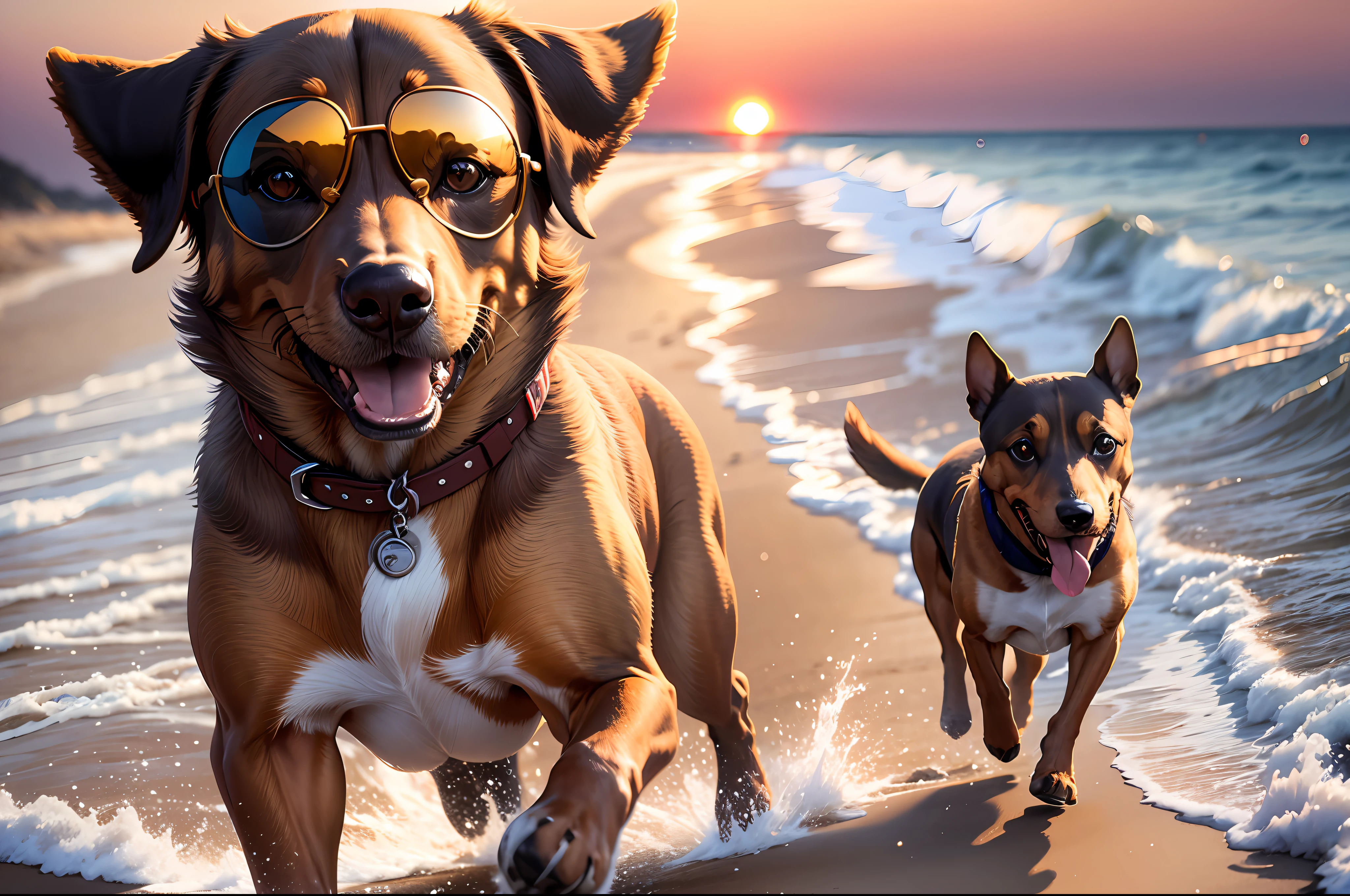 there is a dog running on the beach with sunglasses on, running freely, running towards the camera, running fast towards the camera, happy dachshund catching a ball, shutterstock, running towards camera, at the beach on a sunset, dachshund, on the beach during sunset, vacation photo, portrait shot, during golden hour, on the beach at sunset, shutterstock contest winner --auto --s2