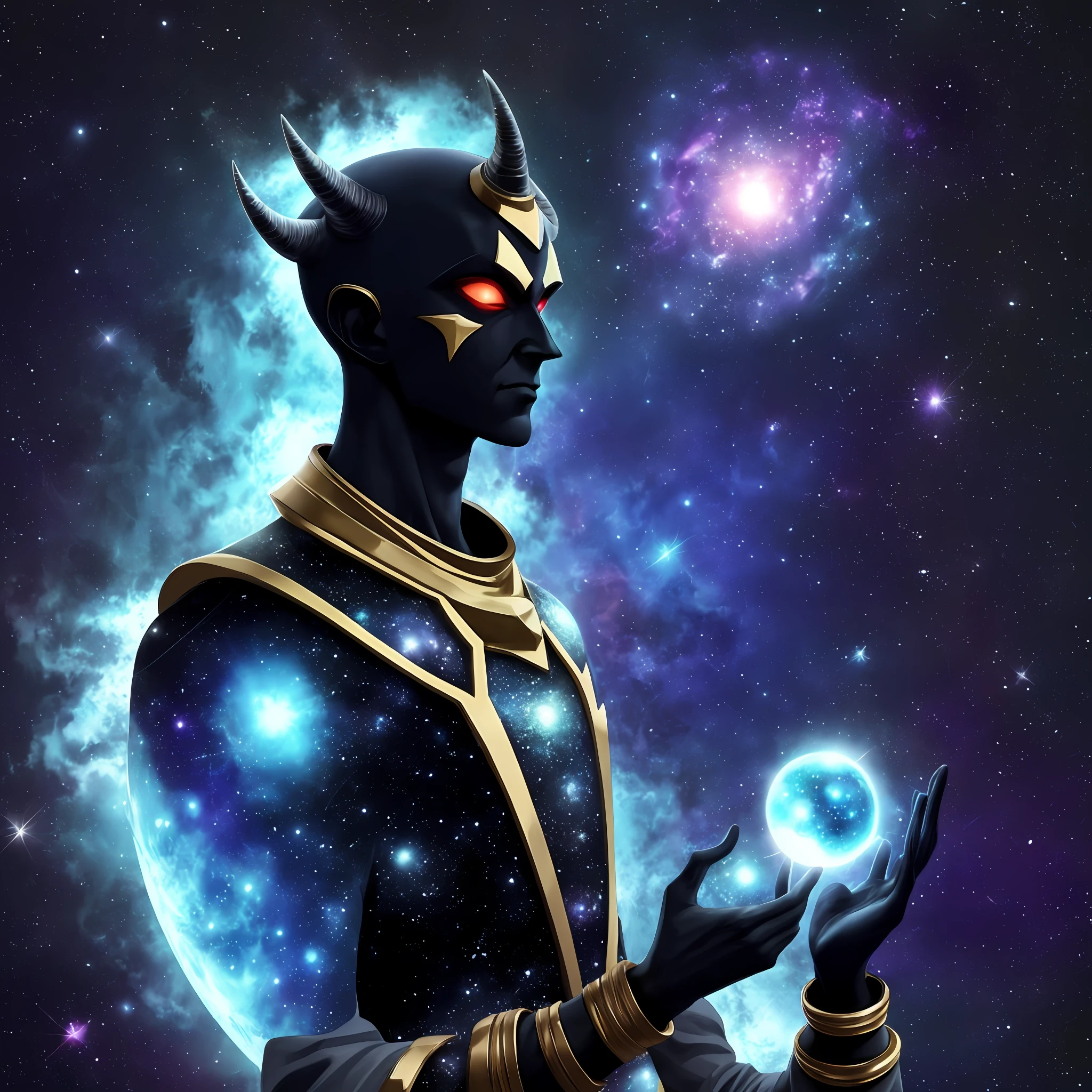 Make an omnipotent character, make him with the cosmic style body. Add cosmic horns, very bright white eyes, make it mouthless, and add this character looking at a picture of a miniature galaxy.